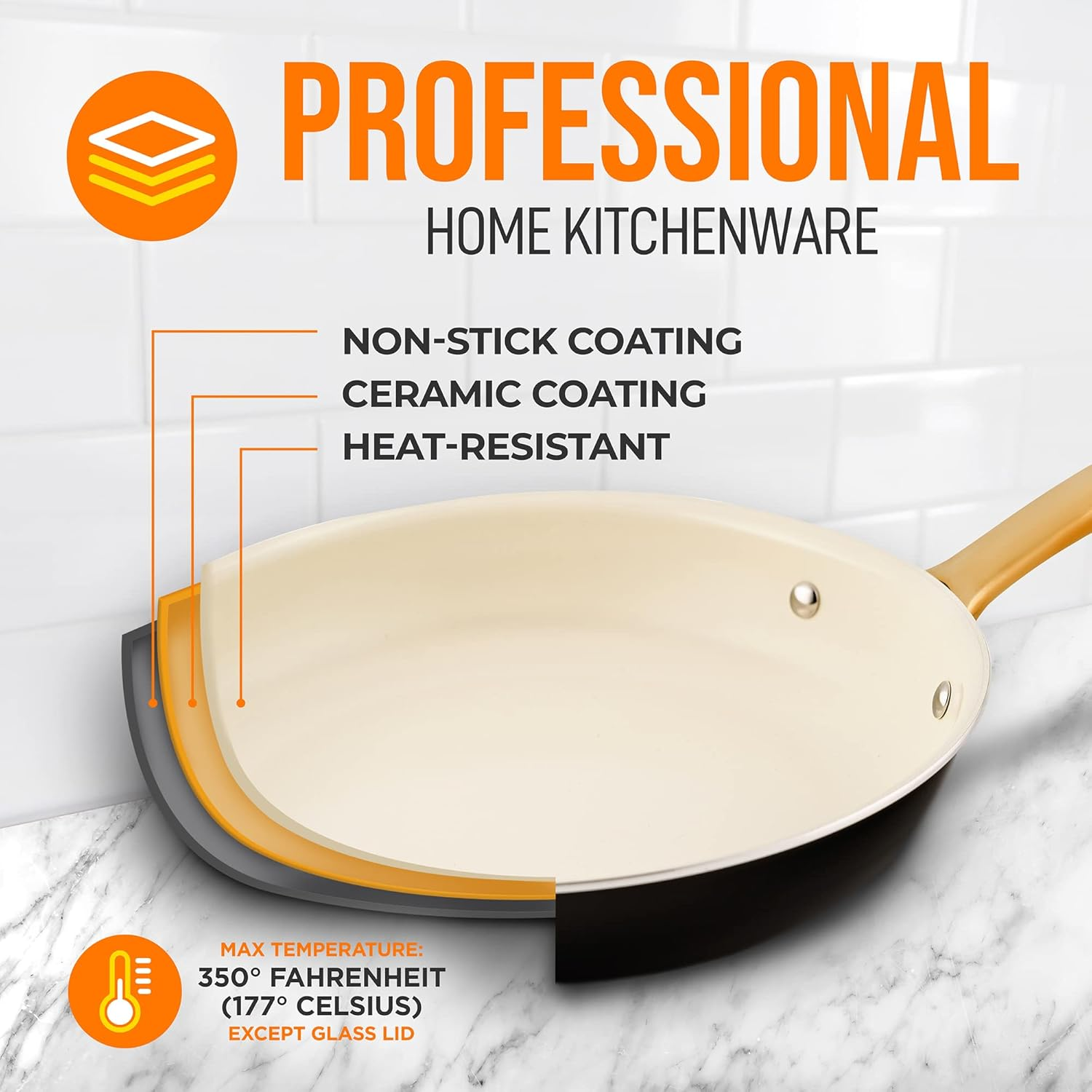 Nutrichef 8&rdquo; Small Fry Pan - Professional Home Cookware Small Skillet Nonstick Frying Pan with Golden Titanium Coated Silicone Handle, Ceramic Coating, Stain-Resistant and Easy to Clean image number 3