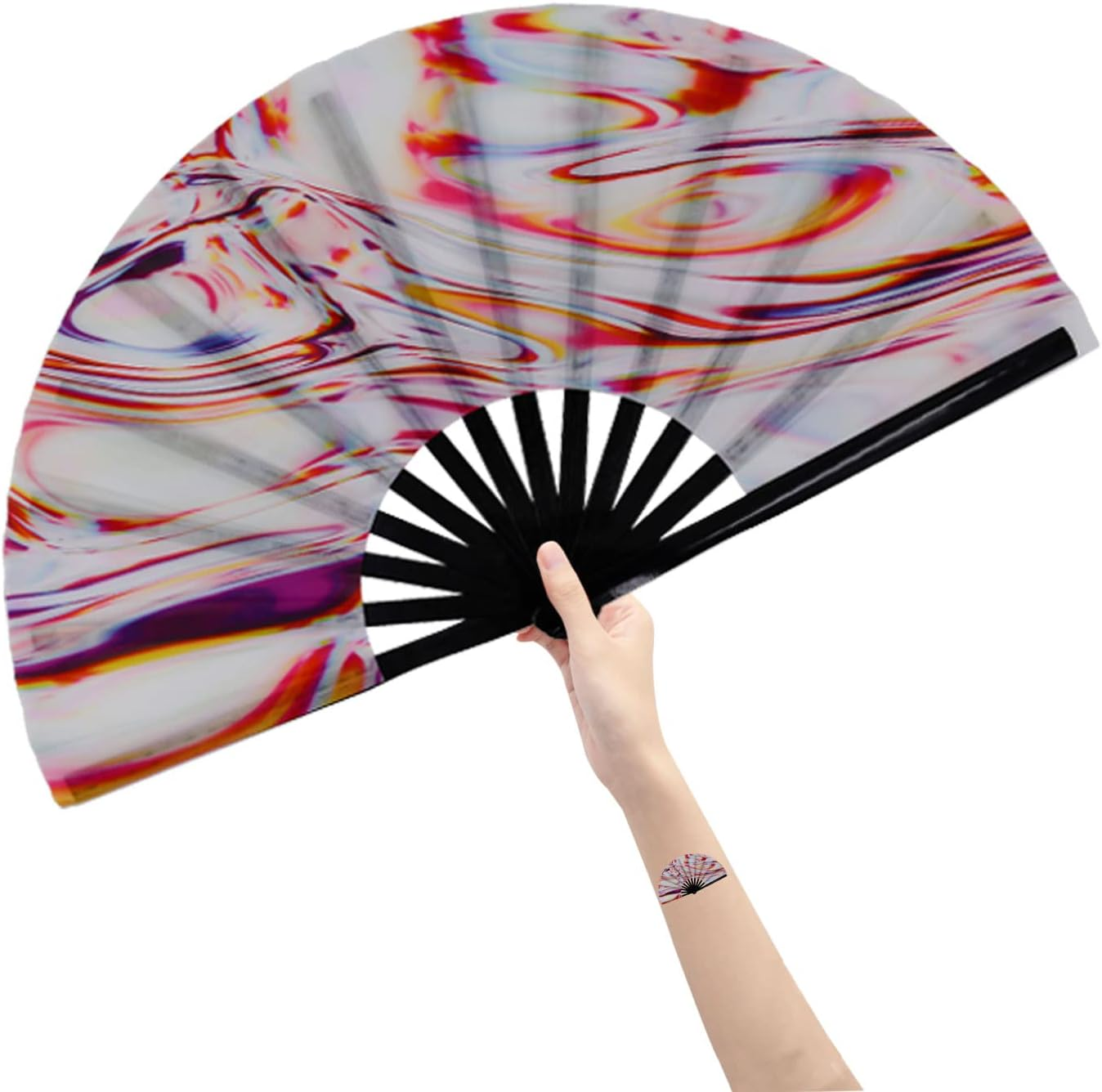Amajiji Large Folding Hand Rave Fan for Women/Men, Chinease/Japanese Bamboo and Nylon-Cloth Folding Hand Fan, Hand Fan Festival Fan Gift Fan Craft Fan Folding Fan Dance Fan - Alien image number 4