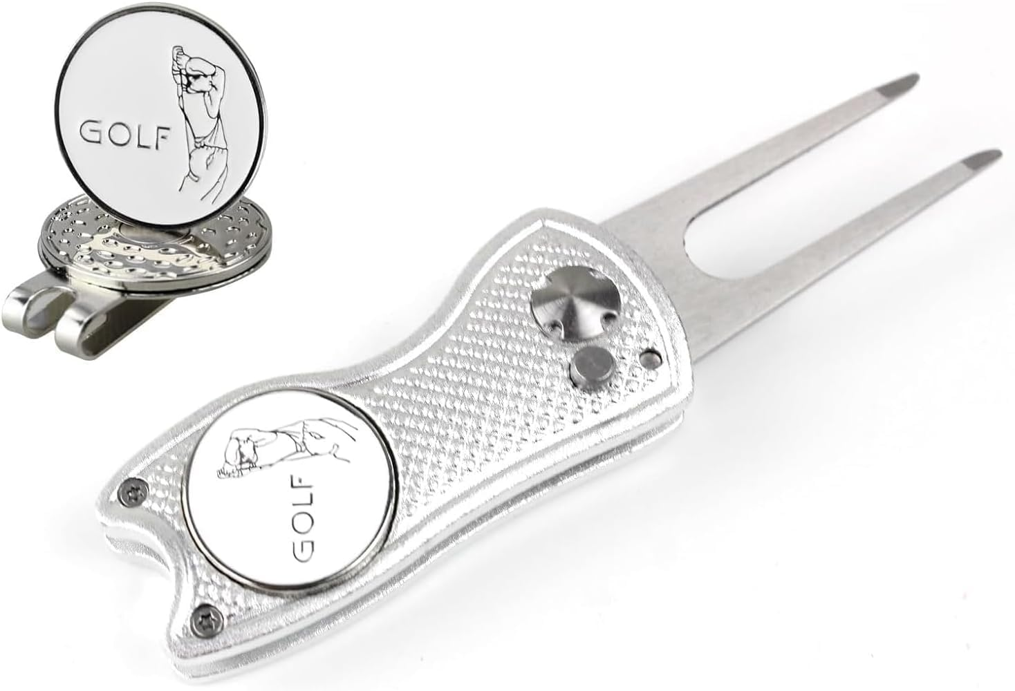 THJOPOKEEL Divot Repair Tool with 2 Ball Markers+ 1 Hat Clip Golf Divot Tool Divot Repair Tool Switchblade Golf Green Repair Fork Portable and Folding