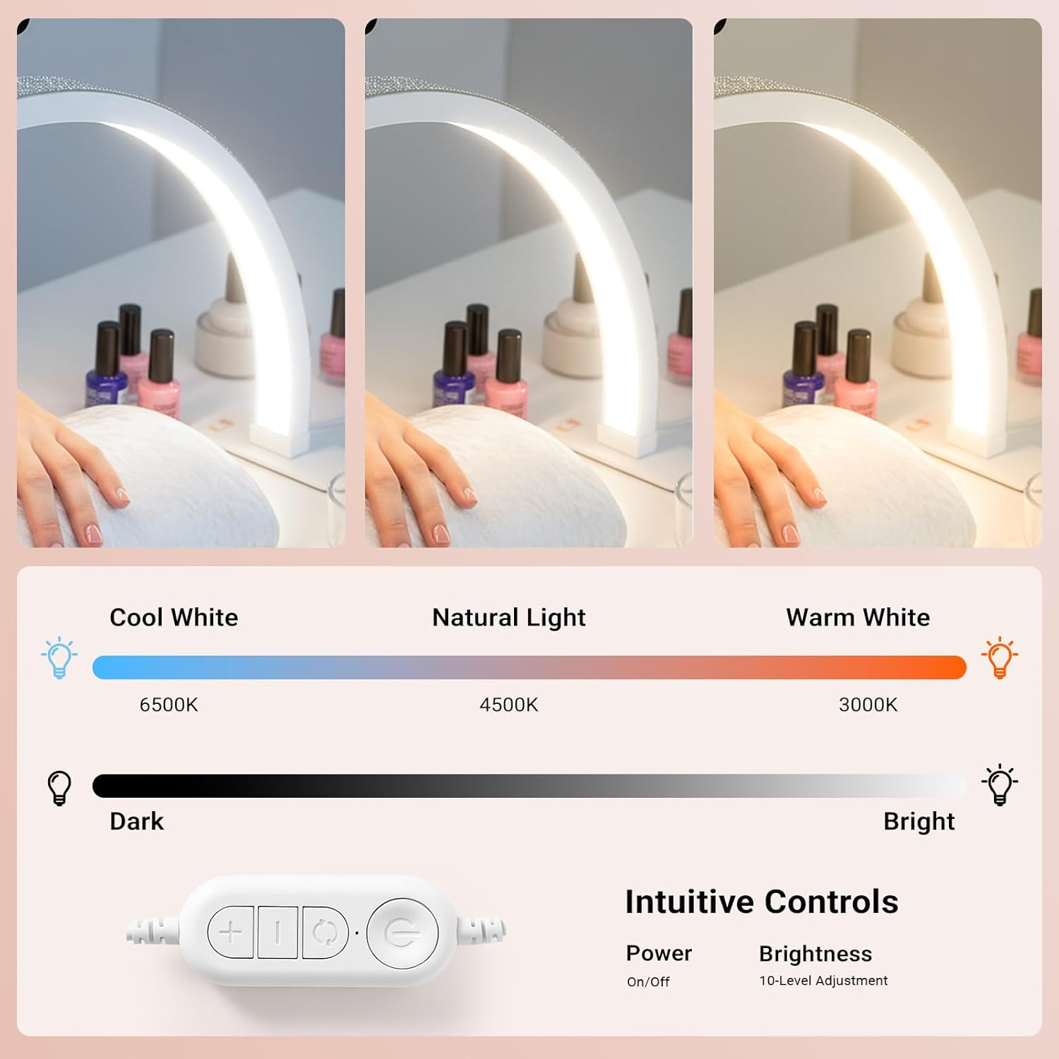 LIWEGHT 29 Inch Half Moon Light for Nail Desk, 4800LM 3 Color Temperature (3000K-6500K) 9 Brightness Dimmable, Foldable Nail Table Lamp for Manicure Eyelash Extensions Tattoo Skincare, White image number 1