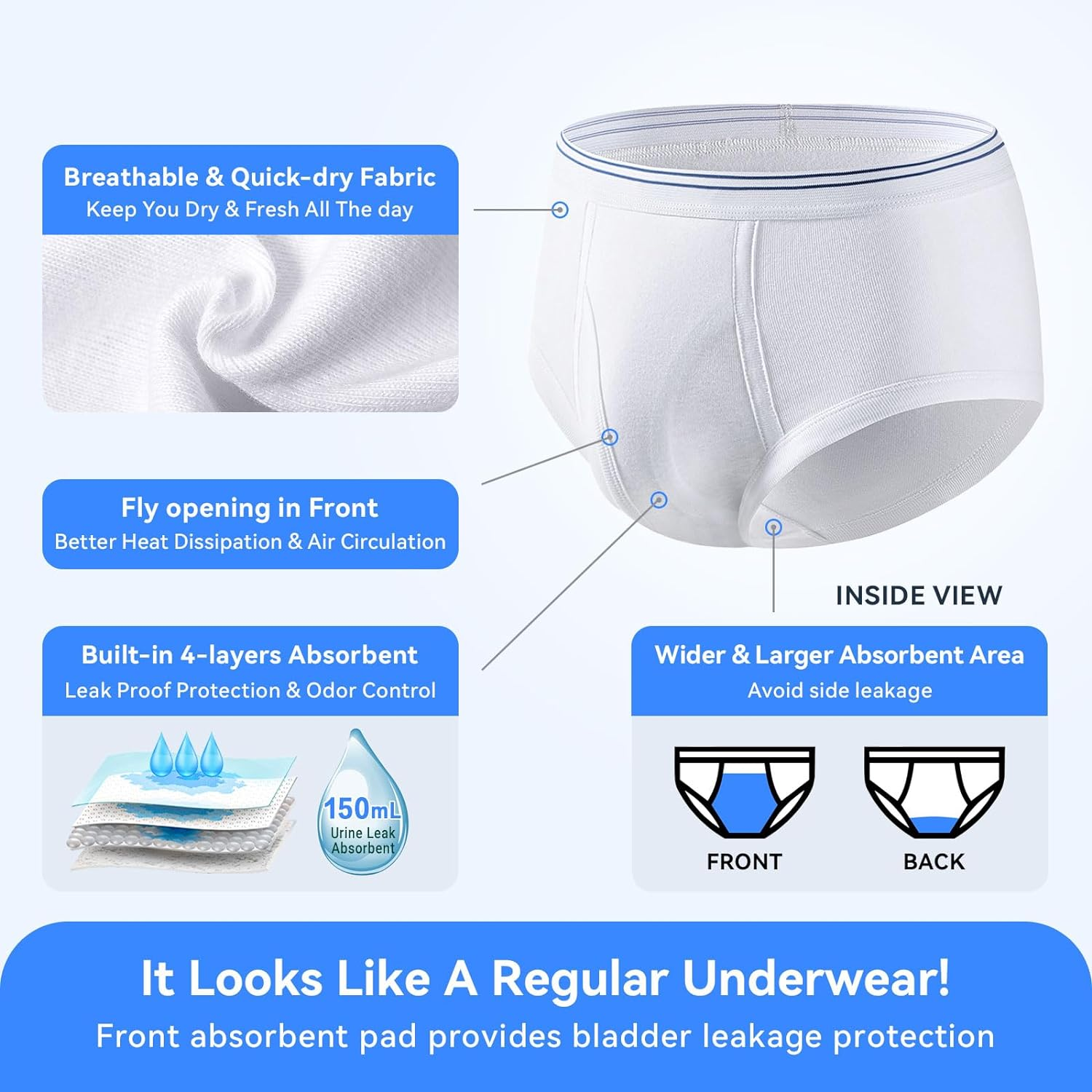 Mens Incontinence Briefs 3-Packs Men&rsquo;S Incontinence Underwear Cotton Washable Reusable Incontinence Underwear for Men (S) image number 2