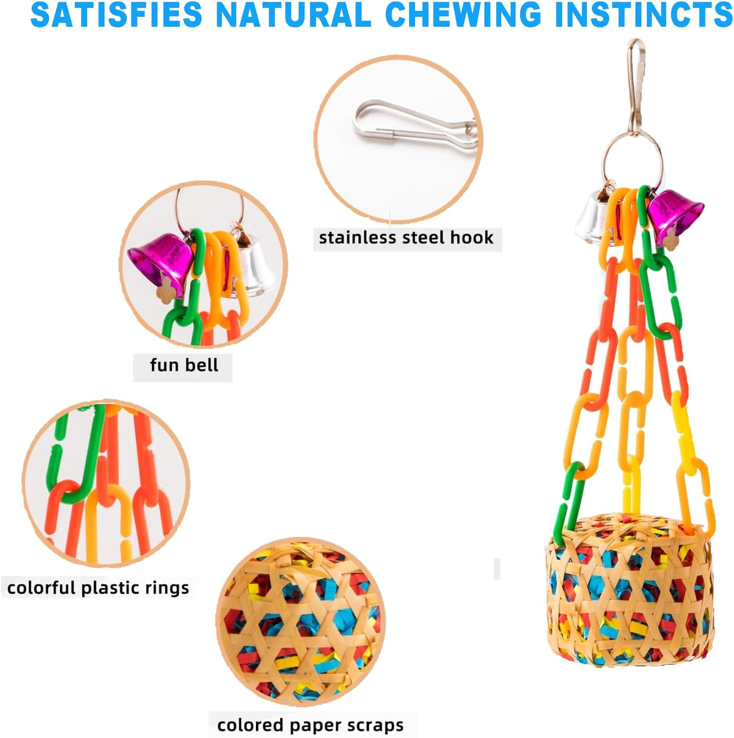 Velmoriah 5PCS Colorful Bird Toys for Parakeets, Parrot Chewing Shredding Foraging Toys Rope Perch with Bells, Bird Swing Climbing Standing Hanging Toys for Conure Cockatiel Budgies Lovebird image number 1