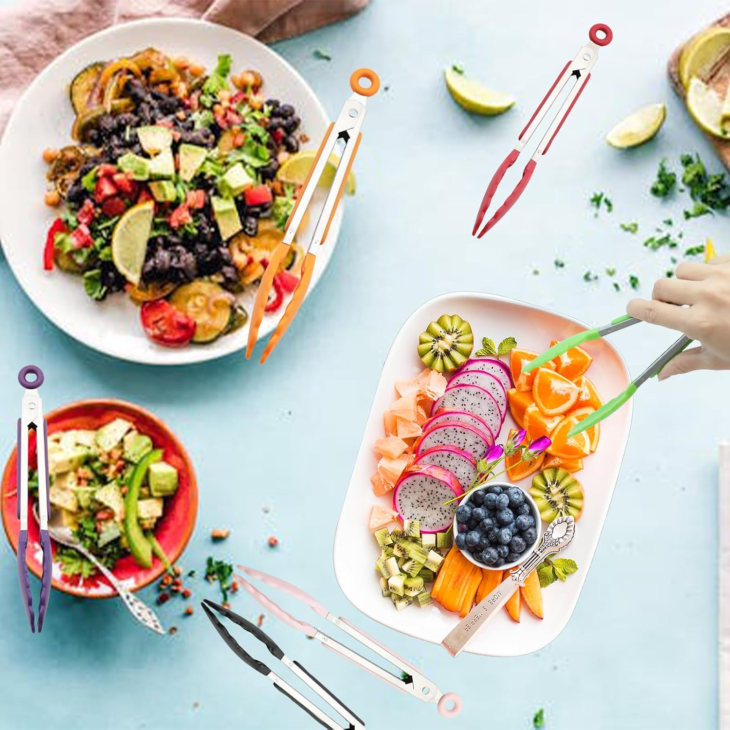 7 Pack Kitchen Tongs Set, Stainless Steel Silicon Handles and Nylon Tips,7 Inch Color Stainless Steel Tongs,Heat Resistant Non-Stick BBQ Tongs with Locking, for Cooking Grilling Salad image number 5