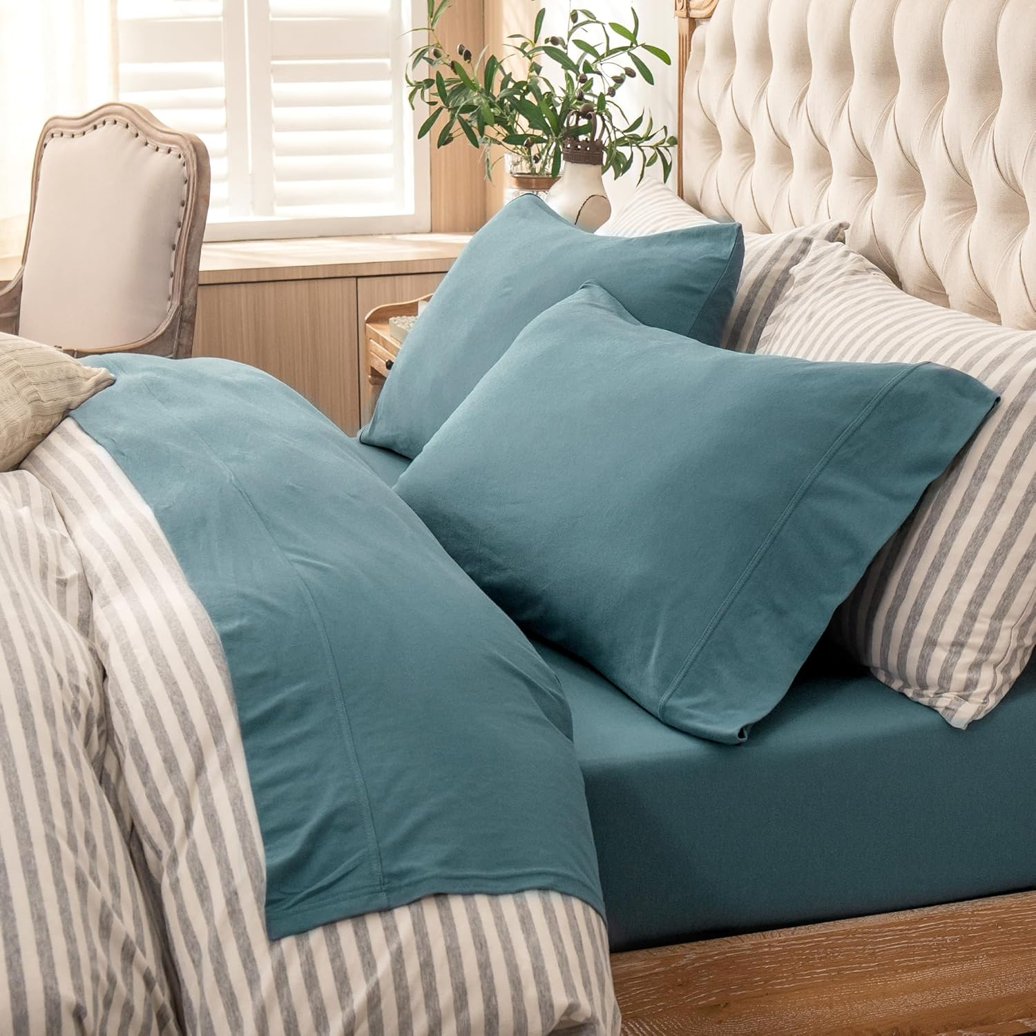 PURE ERA Jersey Knit 4Pc Bed Sheet Set 100% T-Shirt Heather Cotton Super Soft Comfy Breathable Fits Mattress up to 20" Extra Deep Pocket (Heather Beige, Queen)