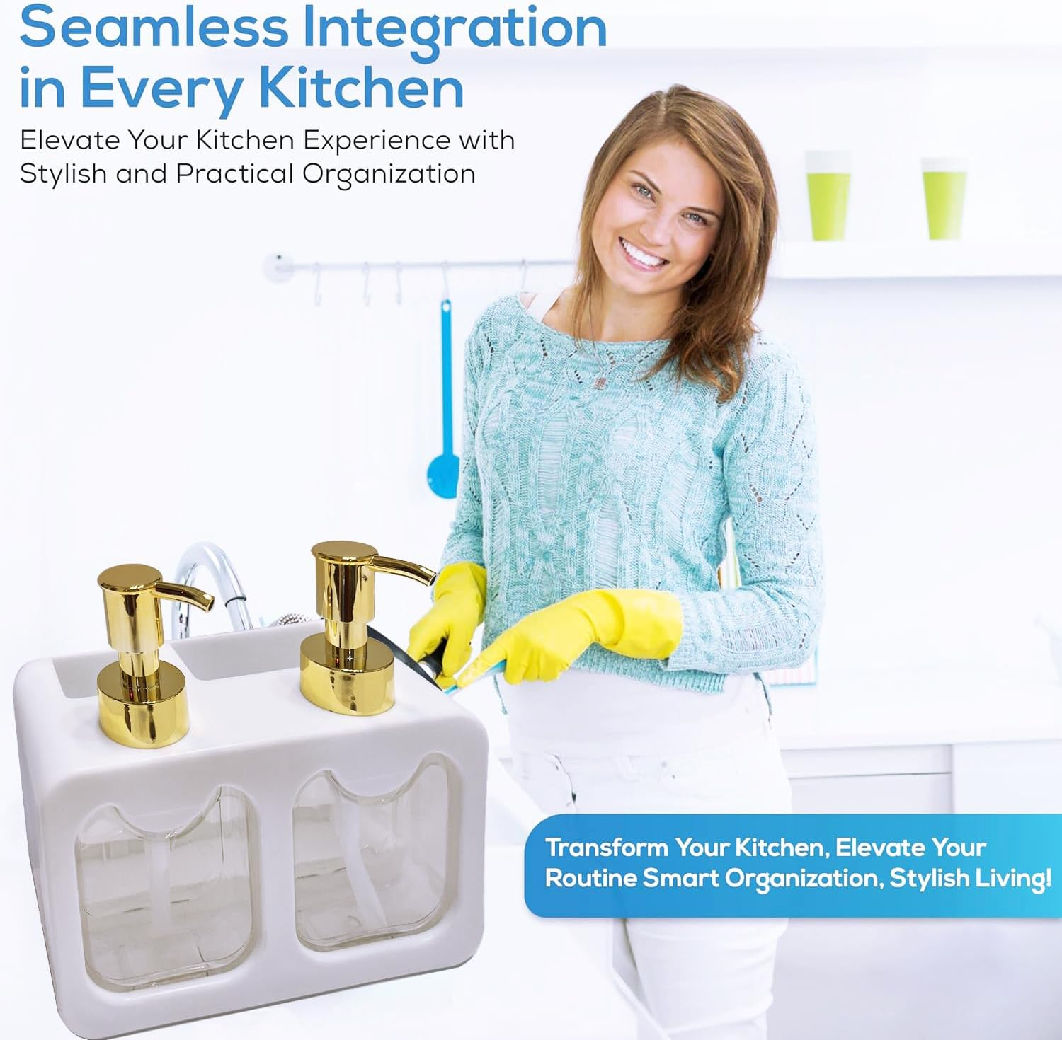 Dual Soap Dispenser,Liquid Hand and Dish Soap Dispenser and Spong Caddy with Brush Holder Countertop Organizer for Kitchen (White) image number 1