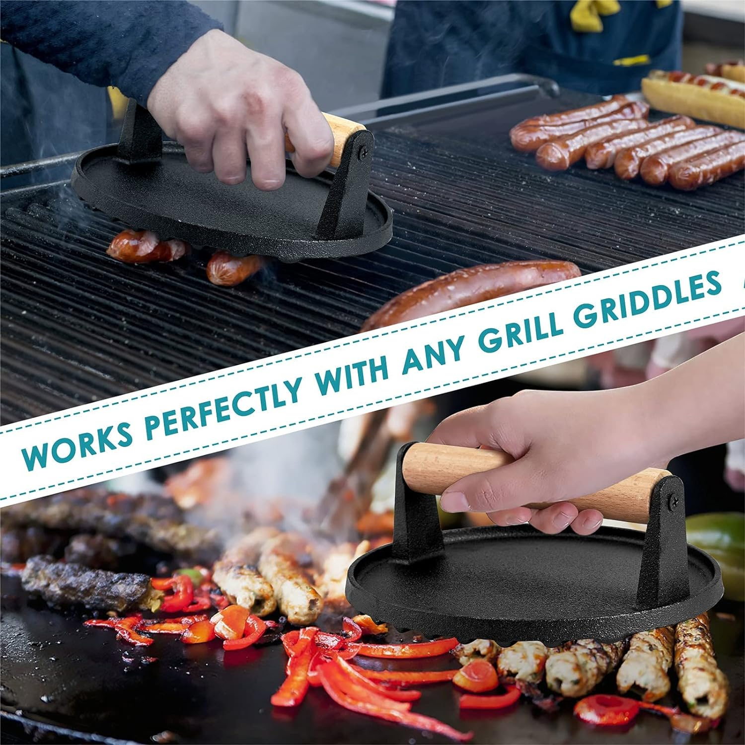 Cast Iron Grill Press Weight - with Wooden Handle - Cast Iron Press for Meat, Hamburger Patty, Smash Burger, Bacon, Steak image number 1