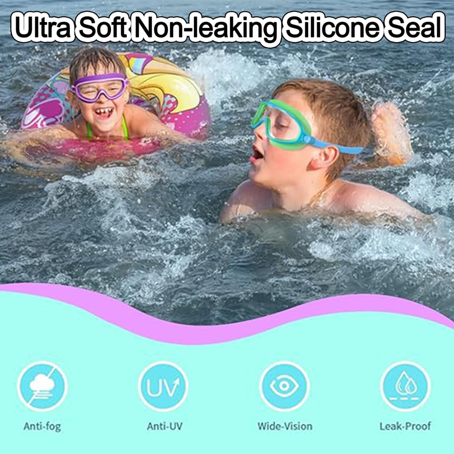 WADY Swim Goggles, Kids Swim Goggles Large Frame, Soft Silicone Frame and Strap, Anti-Fog, Watertight, UV Protection, Wide Vision, Swimming Glasses for Children and Early Teens - Purple Pink image number 4