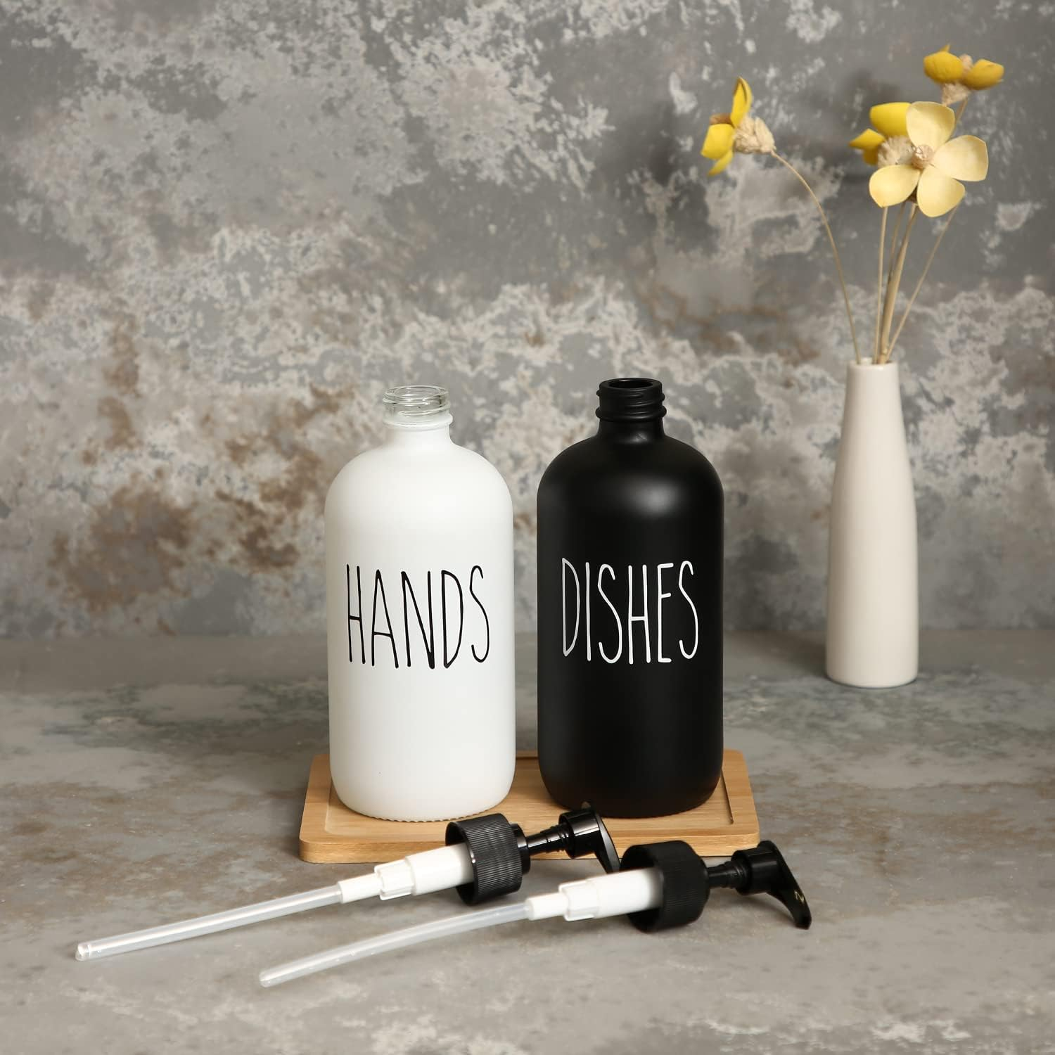 MOMEEMO Soap Dispenser Set 2 Pack, Contains Dish Soap Dispenser and Hand Soap Dispenser. 16 Oz Glass Soap Dispenser with Black Plastic Pumps, Perfect for Black and White Kitchen Decor. (Black & White) image number 6