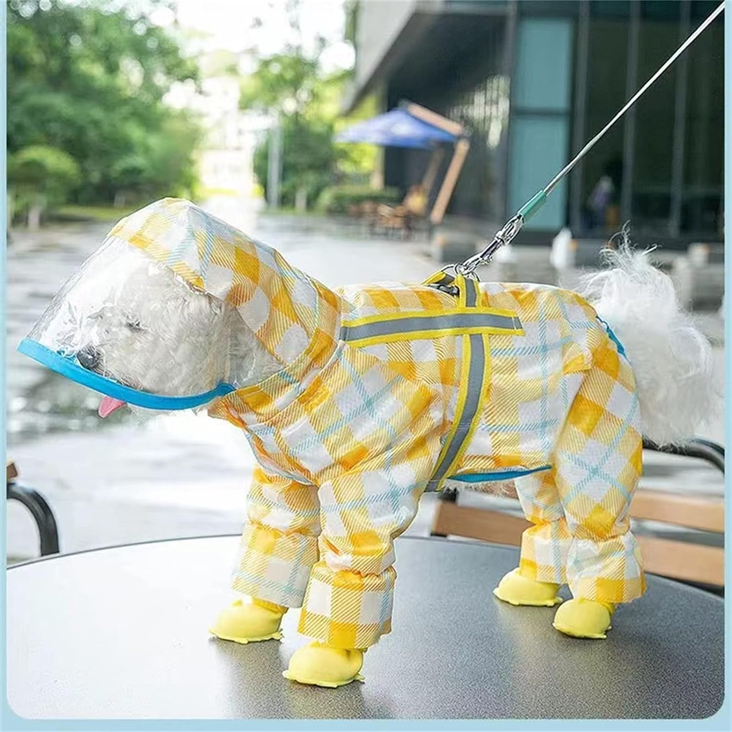 Full Cover Pet Raincoat,Waterproof Dog Raincoats with Hood for Small Medium Large Dogs,Poncho with Reflective Strap, Lightweight Rain Jacket with Leash Hole (Yellow, L) image number 6