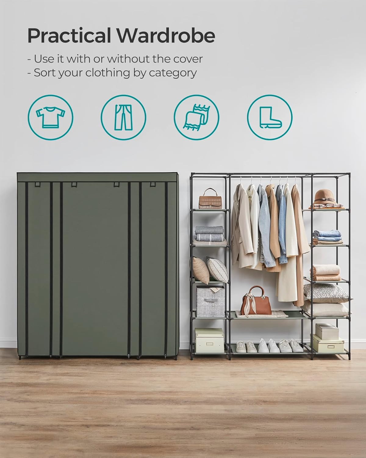 SONGMICS Closet Wardrobe, Portable Closet for Bedroom, Clothes Rail with Non-Woven Fabric Cover, Clothes Storage Organizer, 59 X 17.7 X 69 Inches, 12 Compartments, Sage Green ULSF003C02 - Grey image number 4