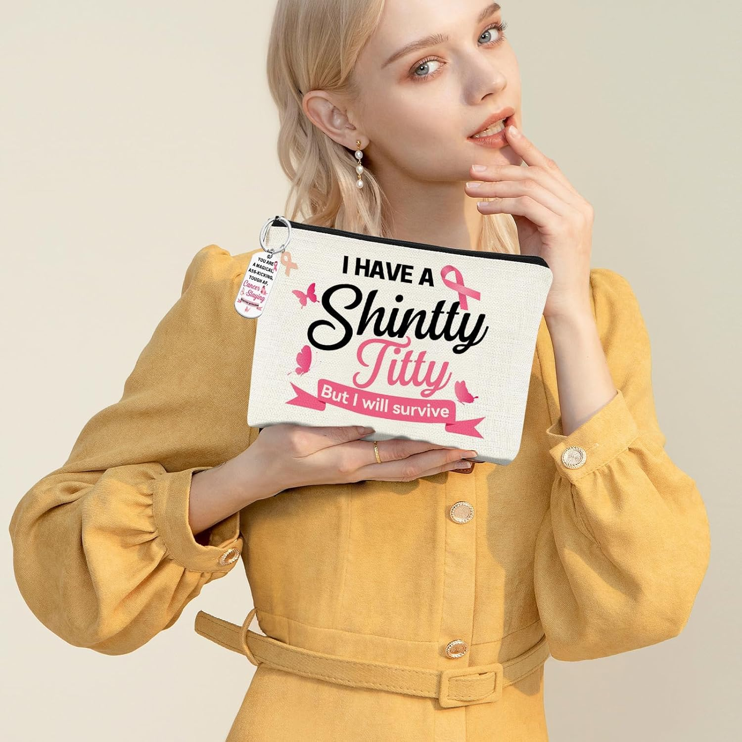 Kuskins Breast Cancer Survivor Gift Set for Women - 2Pcs Makeup Bag and Keychain,Pink Ribbon Awareness Toiletry Bag Set for Women, Survivor Inspirational Gifts image number 5