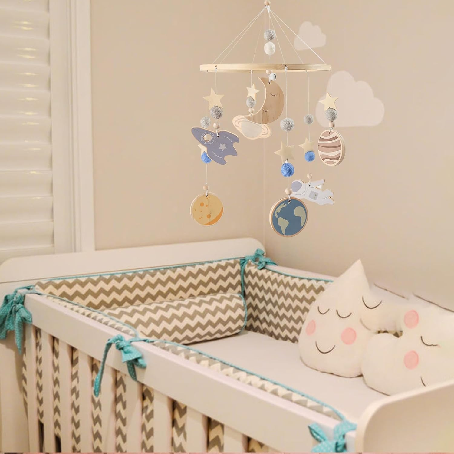 Baby Mobile for Crib | Kids Bedroom Wooden Decor,Rotating 360 Degree Rotating Spaceship Planet Pattern Soothing Crib Mobile for Visual Stimulation Sleep Play Travel Night Nursery image number 2