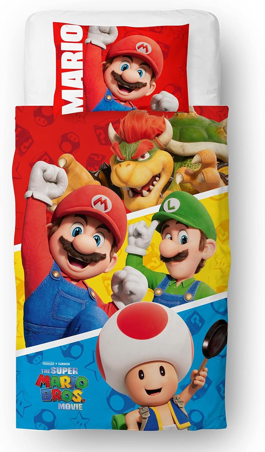 Character World Nintendo Super Mario Movie Official Single Childs Duvet Cover Set | Jump Design Reversible 2 Sided Bedding Including Matching Pillow Case Brands Single Bed Set | Polycotton