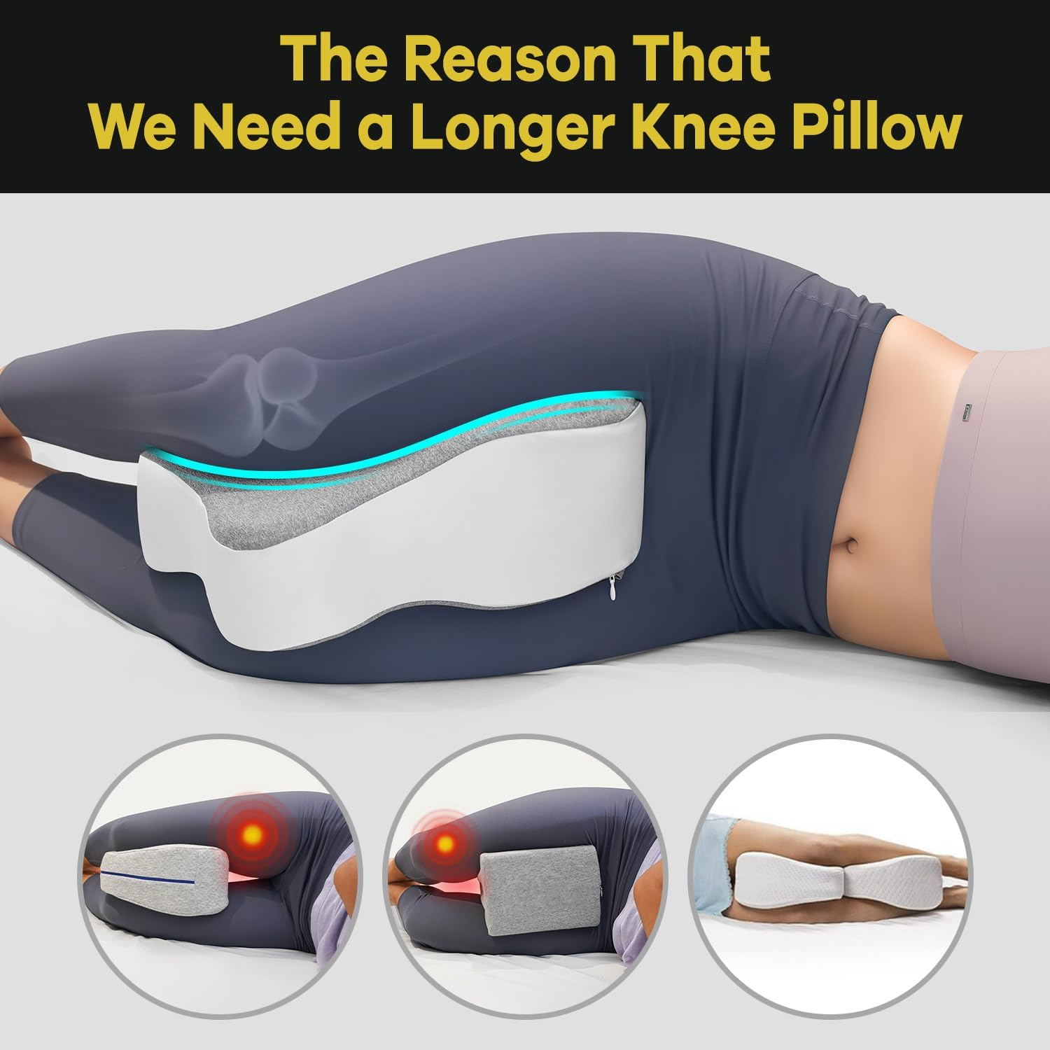 Long 14&rdquo; Knee Pillow for Side Sleeper Fully Support Thighs and Knees for Required Knee Separation- Leg Pillow for Side Sleeping between Legs Aligns Spine- Large, Gray image number 2