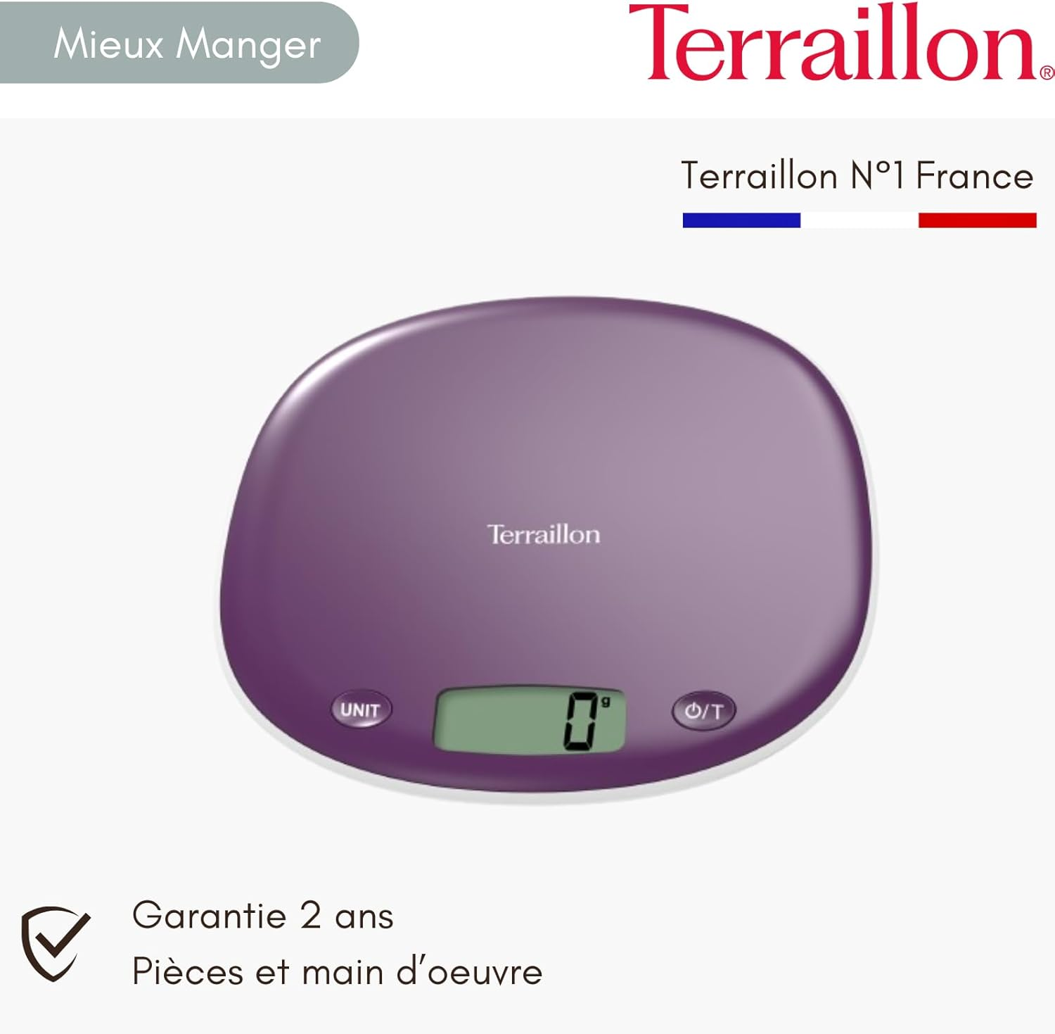 TERRAILLON Electronic Kitchen Scales - Tare Liquid Conversion, Integrated Handle, Weighing Range 5Kg, Accuracy 1G - Model 'Macaron INOX' Plum image number 1