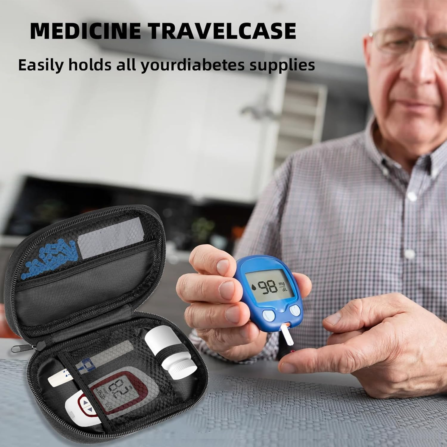 Diabetes Testing Kit Travel Organizer - Water-Resistant Oxford Fabric Storage Pouch with Mesh Compartments for Glucose Meter Lancets Test Strips Medical Supplies Portable Diabetic Essentials Carrier image number 3