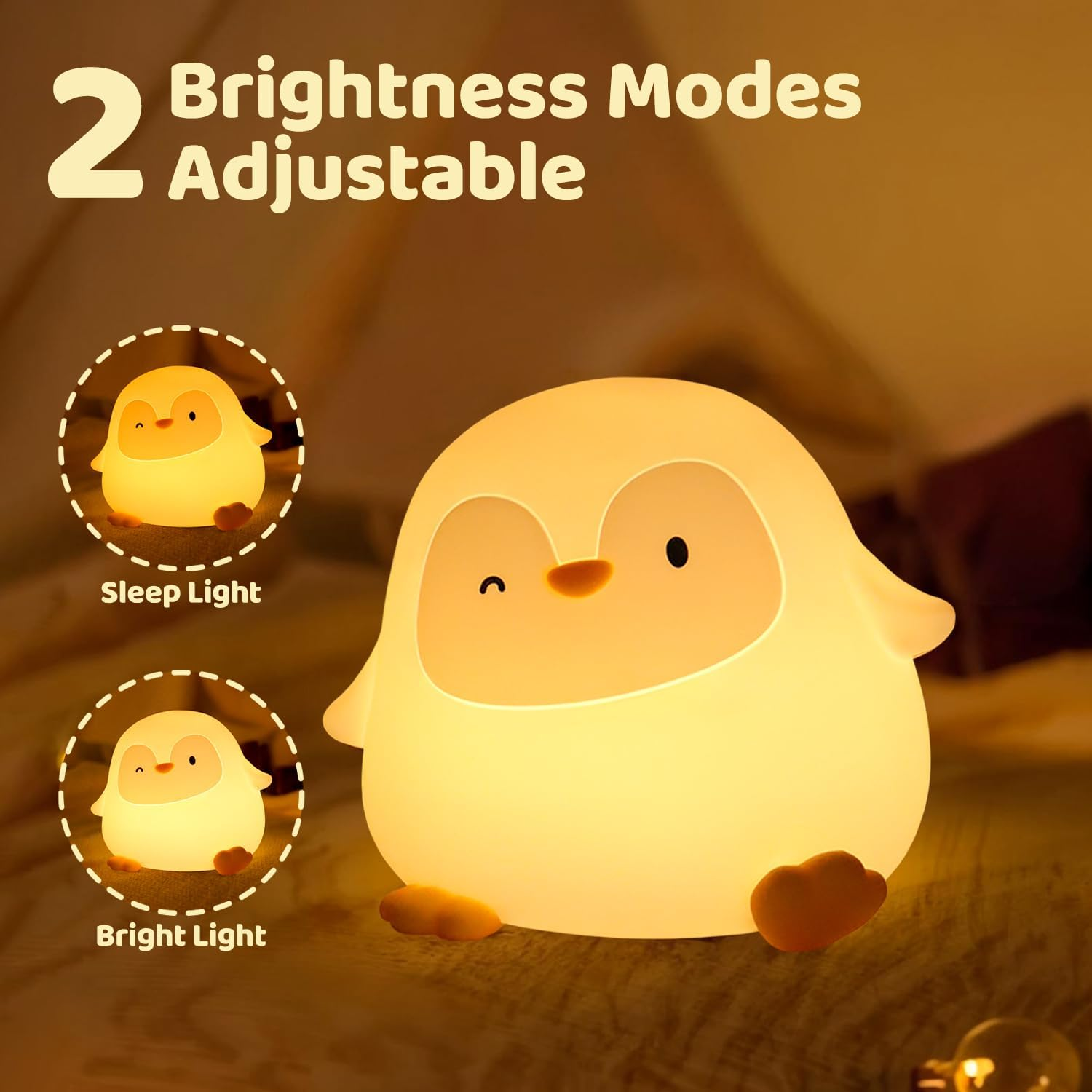 Rytinazzz Penguin Night Light, 50-Hour Battery & Pat Control, Squishy Silicone Lamp for Kids Nursery, USB Rechargeable with Timer, Valentines Gifts image number 2