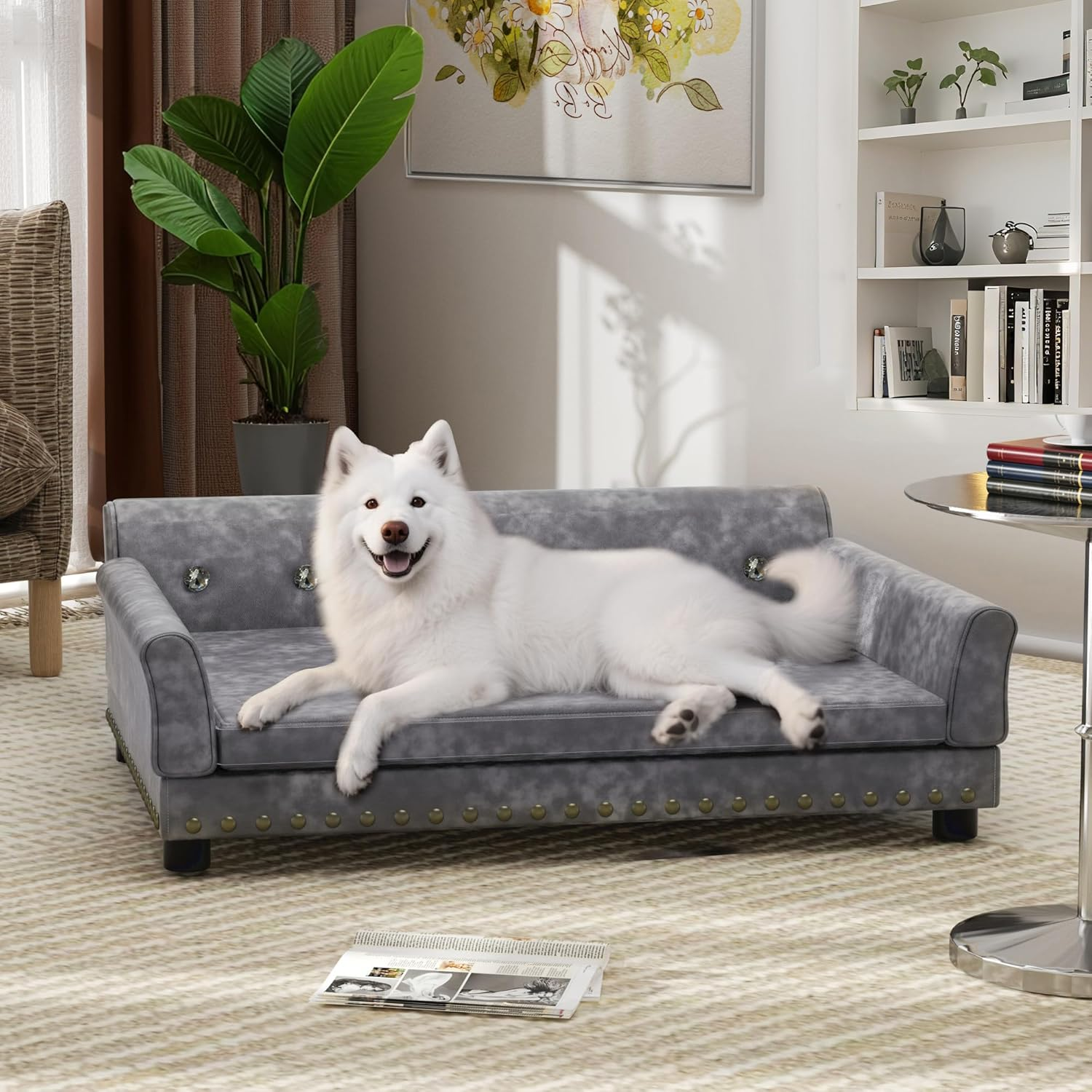 Bingopaw Large Dog Sofa Couch: Luxury Velvet Upholstered Pet Sofa Lounge Bed for Large Dogs - Wooden Frame Raised Puppy Sofa Chair with Comfortable Cushion Mat Grey L(91X72Cm) image number 6