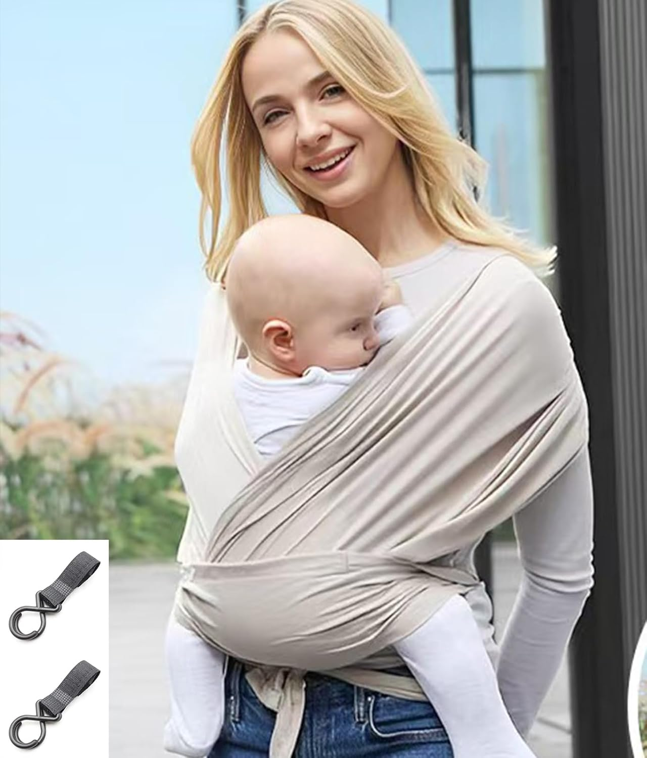 Baby Wrap Carrier Sling，Infant Wrap and Reusable Nursing Pads - Easy-Wearing, Adjustable Baby Sling Carrier Newborn to Toddler，Adjustable Carriers (Off-White) image number 2