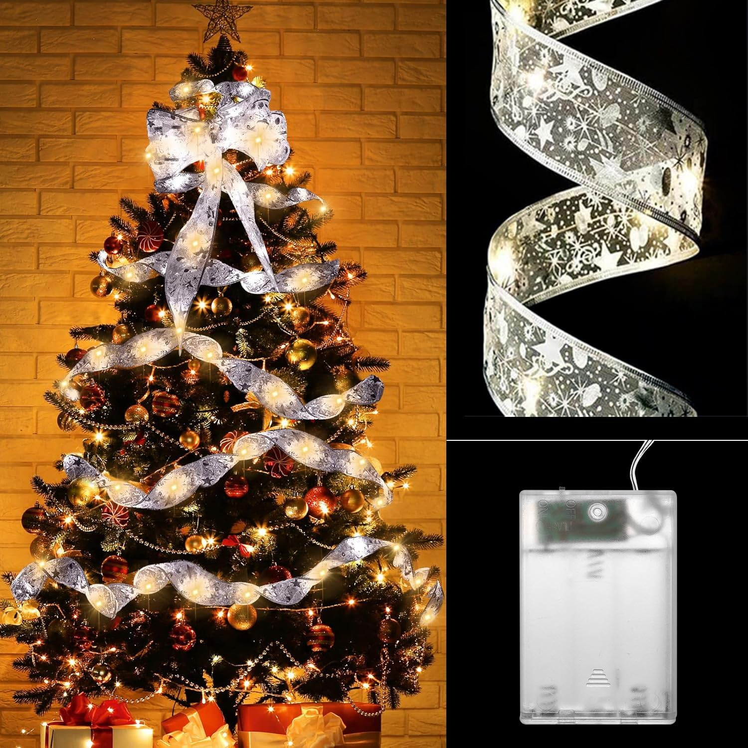 Christmas Tree Lights 10 M/32.8Ft 100 LED Fairy String Lights Battery Operated Copper Wire Ribbon Bows Light for Party Wedding Holiday Indoor Outdoor Decorations (Silver)