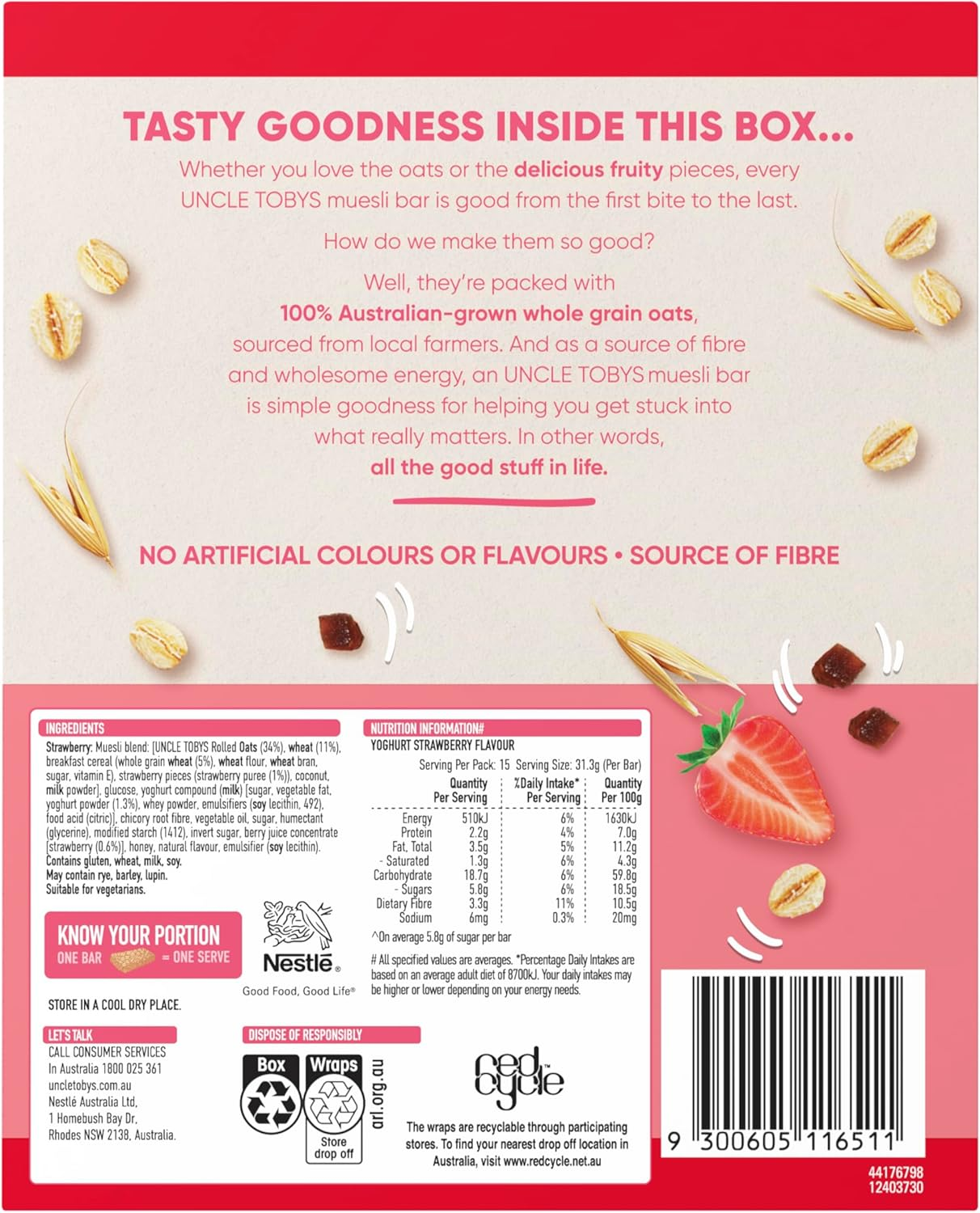 Uncle Tobys Strawberry Yoghurt Muesli Cereal 15 Bars (75 Count, Pack of 5) image number 2