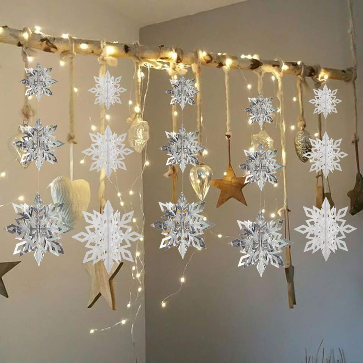 Crafare Christmas Hanging Snowflake Decorations 18PCS 3D White Silver Snowflakes Hanging Garland for Christmas Winter Wonderland Holiday New Year Party Home Decoration - Sparkle 18Pcs image number 4
