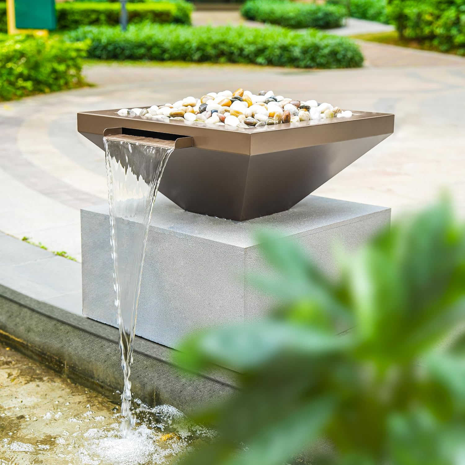 PONDO 24" Square Garden Water Bowl, Stainless Steel Spilling Water Feature for Outdoor Ponds, and Other Landscaped Areas (Antique Brown Coated)
