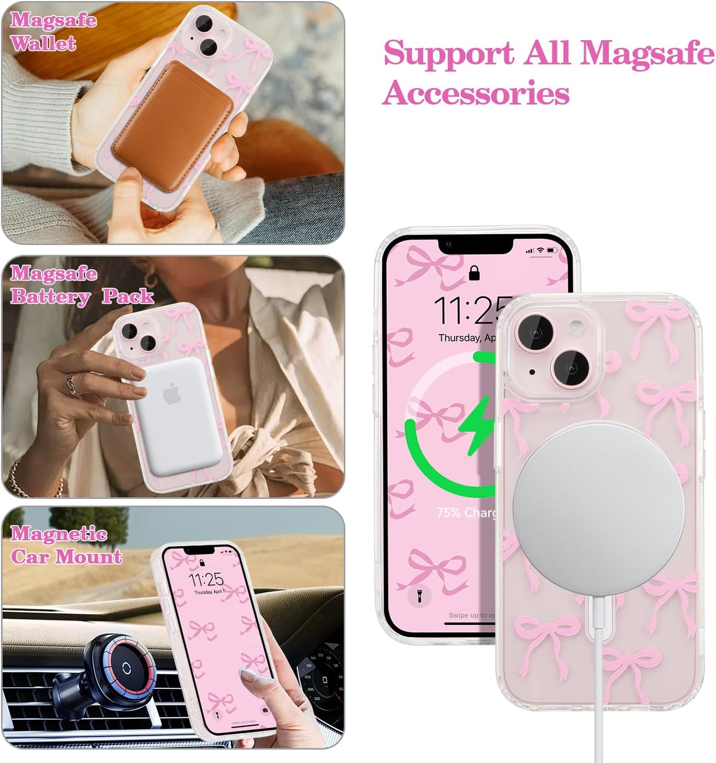 UEEBAI Magnetic for Iphone 14 Case & Iphone 13 Case, Bow Case Compatible with Magsafe, Wireless Slim Clear Ribbon Phone Case Anti-Yellowing Shockproof Protective Cover for Women Girl - Pink image number 4