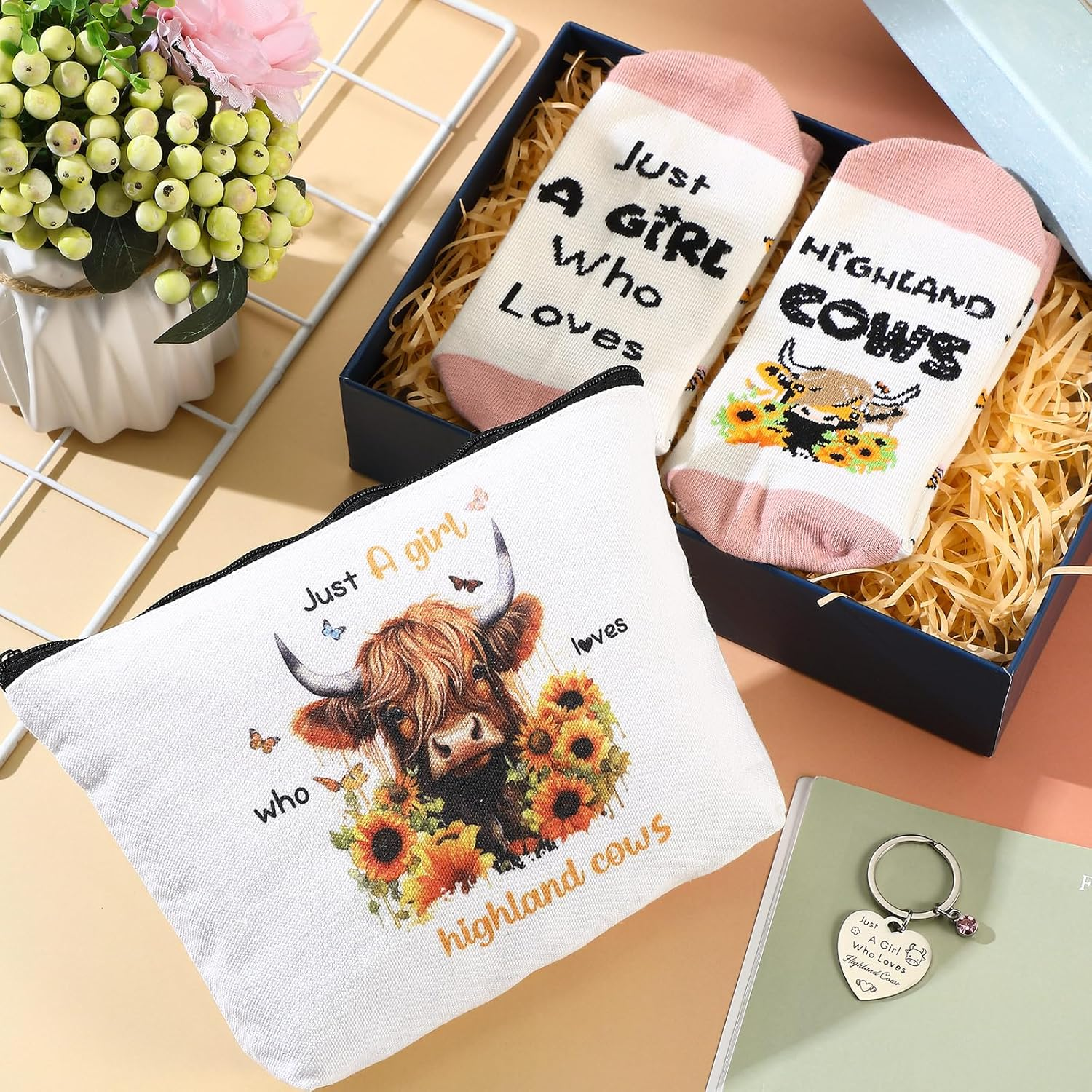 Xuniea 3 Pcs Highland Cow Gift Set for Women Cow Lover Highland Keyring Cattle Makeup Bag Cotton Socks Just a Girl Who Loves Gifts Cute Animal Themed Party Supplies for Birthday Graduation image number 1