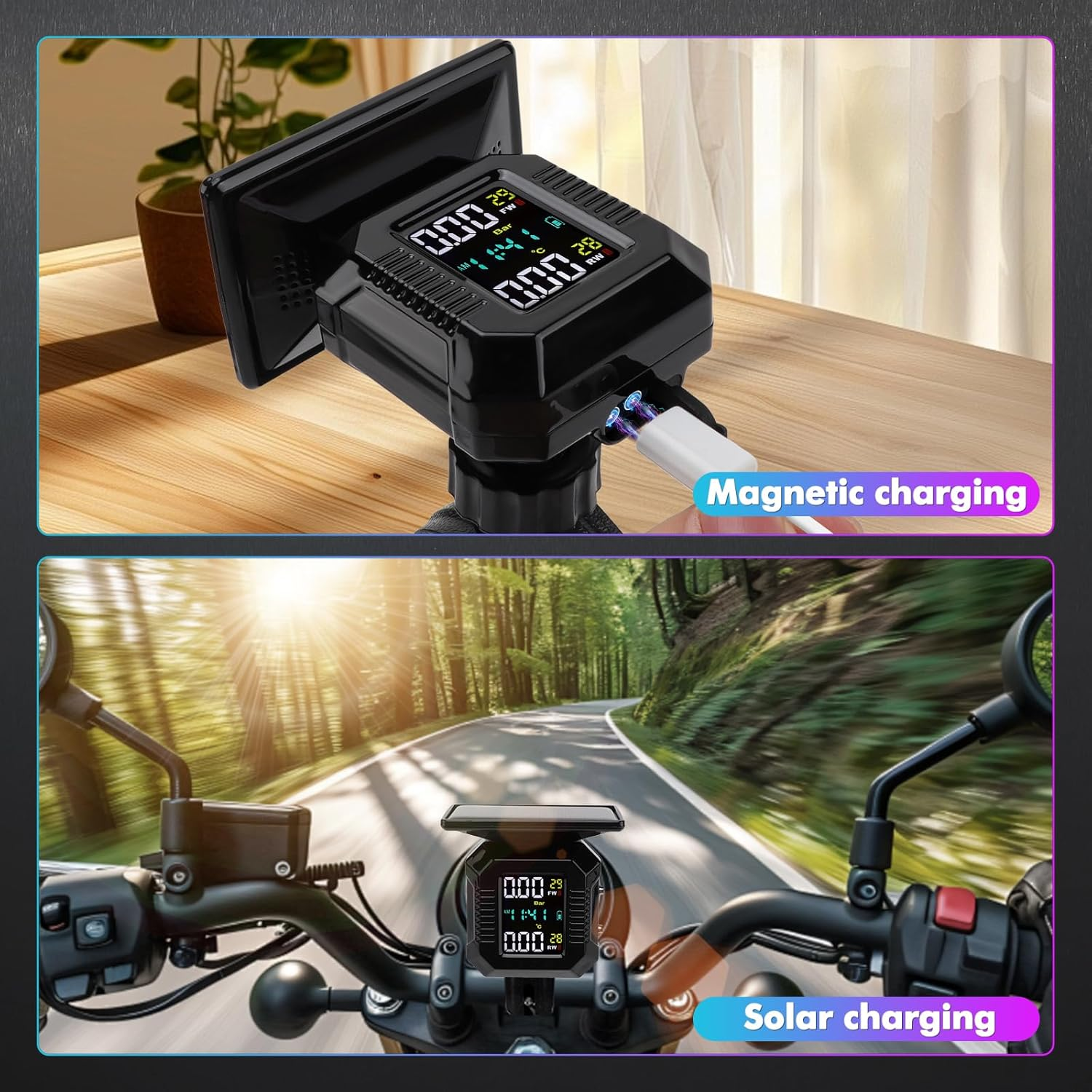 Motorcycle Tyre Pressure Monitoring System, Motorcycle TPMS with 2 External Sensors, LCD Display, USB Charging, IP67 Waterproof, Motorbike Tyre Pressure Monitor System, Two-Wheeled Motorcycle TPMS image number 4