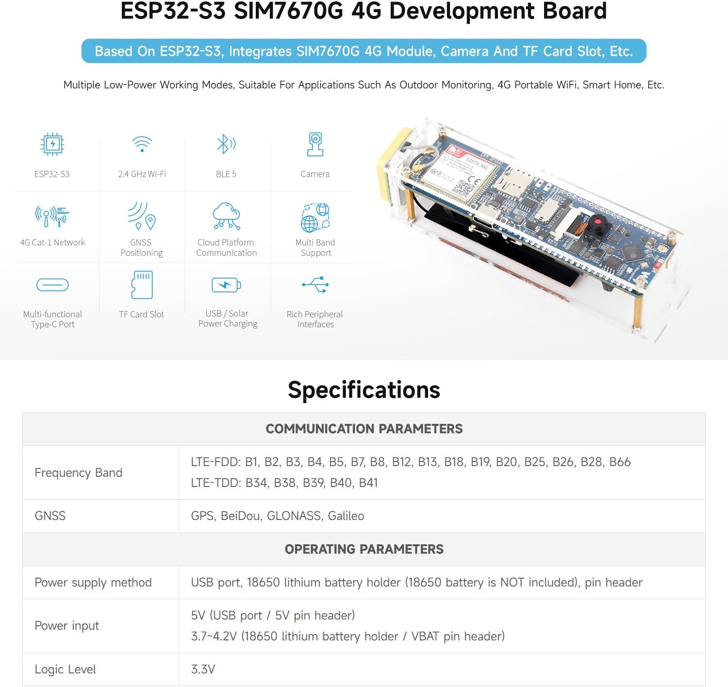 Waveshare ESP32-S3 SIM7670G 4G Development Board, LTE Cat-1 / Wifi/Bluetooth/Gnss Positioning Support, Global Coverage Multi Band, Suitable for 4G Portable Wifi, Onboard Camera/Antenna image number 5