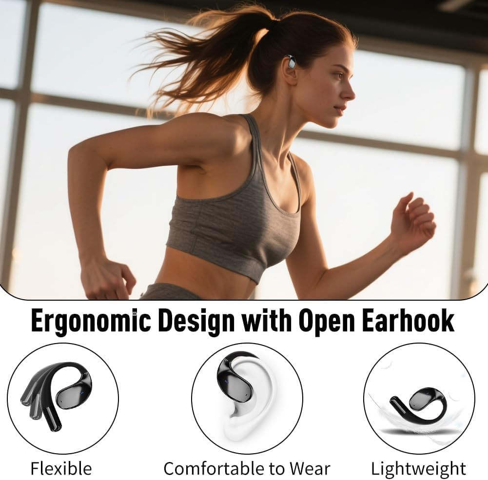 Caijin Wireless Bluetooth Sports Earbuds with Bluetooth 5.4 Technology, Open Ear Hook Design, Powerful Bass, ENC Noise Cancellation, IP54 Waterproof, 60 Hours Playtime (Black) - White image number 5