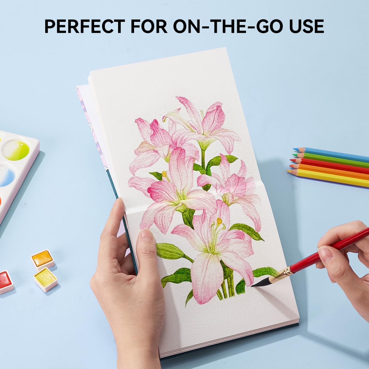 2 Pack Arrtx Square Watercolor Sketchbook, 5.47X5.47'', 140 LB, 300 GSM, 100% Cotton Paper, Cold Press, 48 Sheets, Hardcover Watercolor Journal for Use as Travel Notebook for Artists Adults Students image number 5