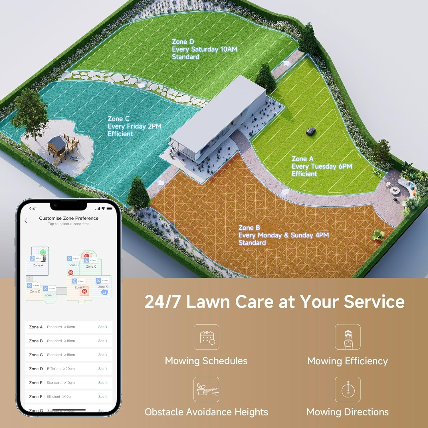 MOVA 1000 Robotic Lawn Mower, Ultraview Wire-Free Setup and Accurate Mapping up to 1,000M&sup2;, Smart Obstacle Avoidance, App Control, Enhanced Off-Road Wheels, U-Shaped Cutting, Fast Charging image number 5