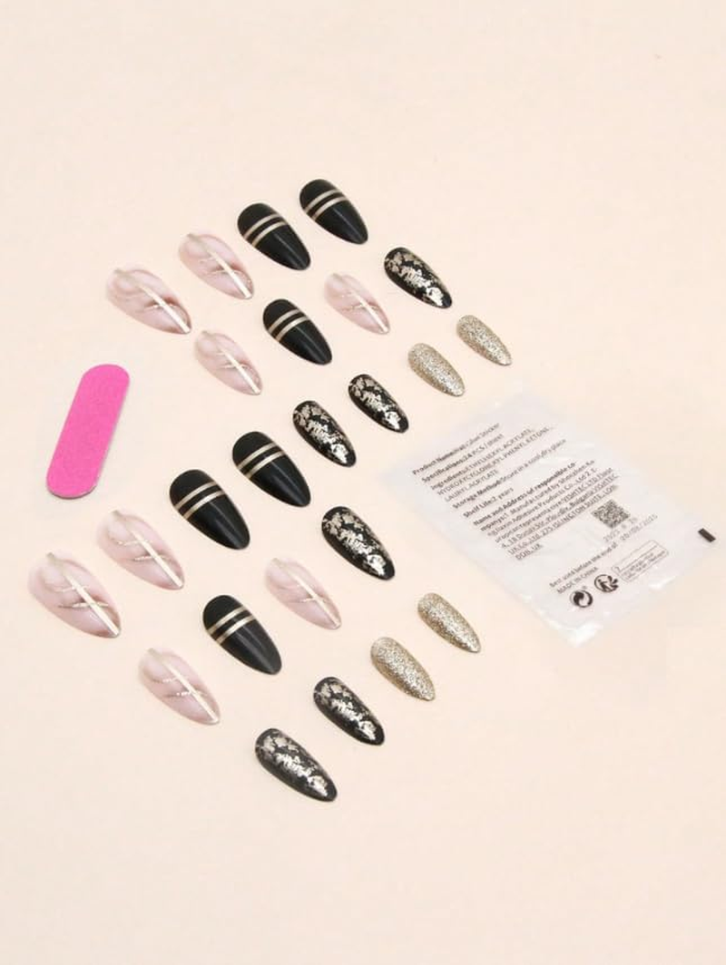 24-Piece Press on Nails, Lots of Patterns, Shapes and Colours, with Nail File and Tape - Reusable - Luxury (Black Gold Pattern - Almond) image number 3