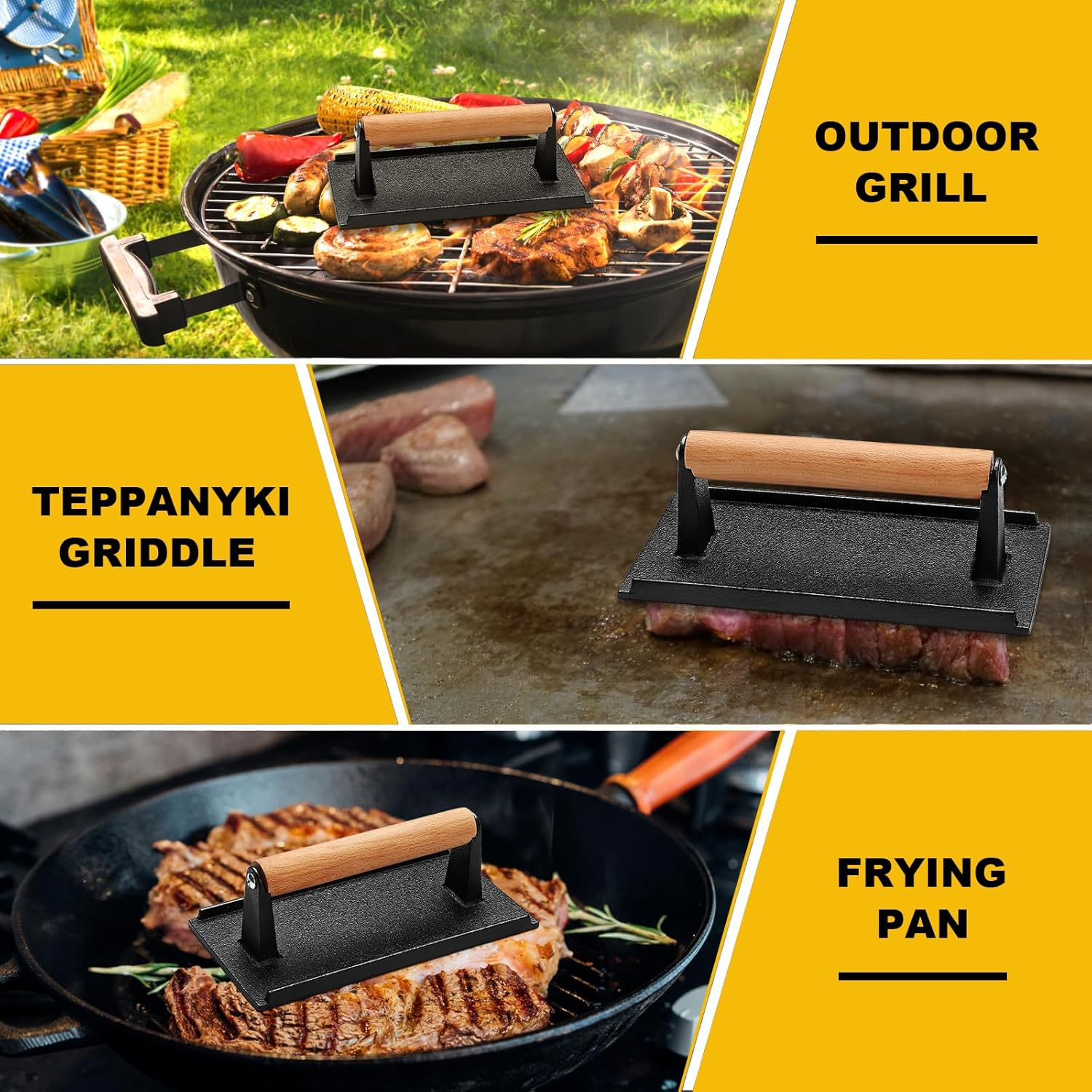 AIVIKI Burger Press, Smash Burger Press for Blackstone Griddle, Heavy Duty Cast Iron Rectangular 8.2X4.2In Bacon Grill Press with Wood Handle, Meat Steak Weight for Sandwich, Paninis (Rectangle) image number 4