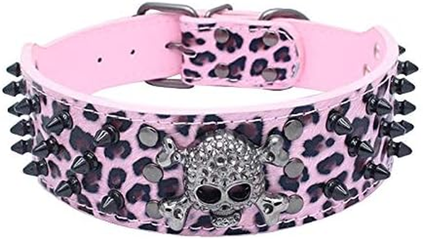 Haoyueer Sharp Spiked Studded Dog Collar 2 Inch Width Stylish Leather Dog Collars for Medium & Large Dogs Pitbull,Labrador,Boxer Rottweiler German Shepherd &hellip; (M, Pink Leopard-3)