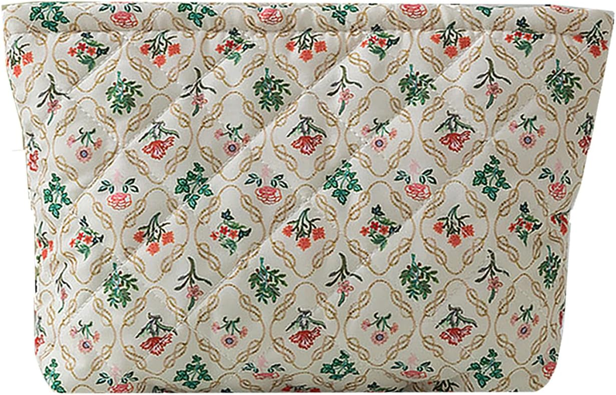 Quilted Makeup Bag, Cute Floral Cosmetic Bag for Women, Cotton Make up Bag, Flower Travel Toiletry Bag Organizer Large