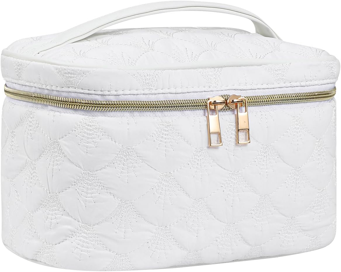 DDPOND Medium Size Quilted Makeup Bag with Brush Compartment, Coastal Granddaughter Cosmetic Bag, Seashell Portable Travel Toiletry Pouch（02White）