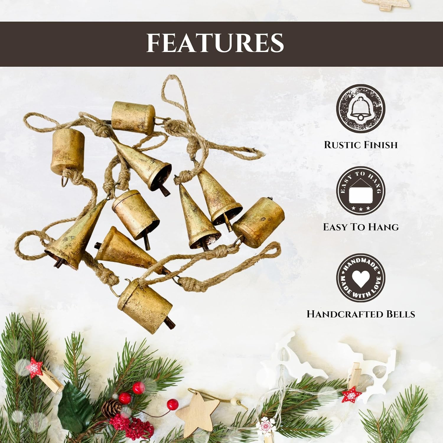 Mie Creations Set of 10 Rustic Vintage Christmas Bells, Tin Bells on Jute Rope, Decorative 7Cm Jingle Bells for Crafts, Christmas Tree Ornaments, Handmade Metal Hanging Mini Cowbells- Antique Gold image number 1