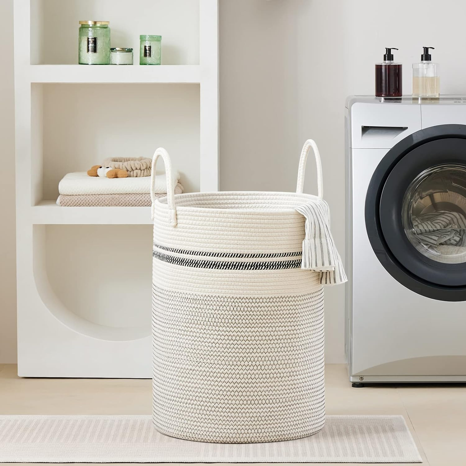 VIPOSCO Large Laundry Hamper, Tall Woven Rope Storage Basket for Blanket, Toys, Dirty Clothes in Living Room, Bathroom, Bedroom - 100L Stripe White image number 3
