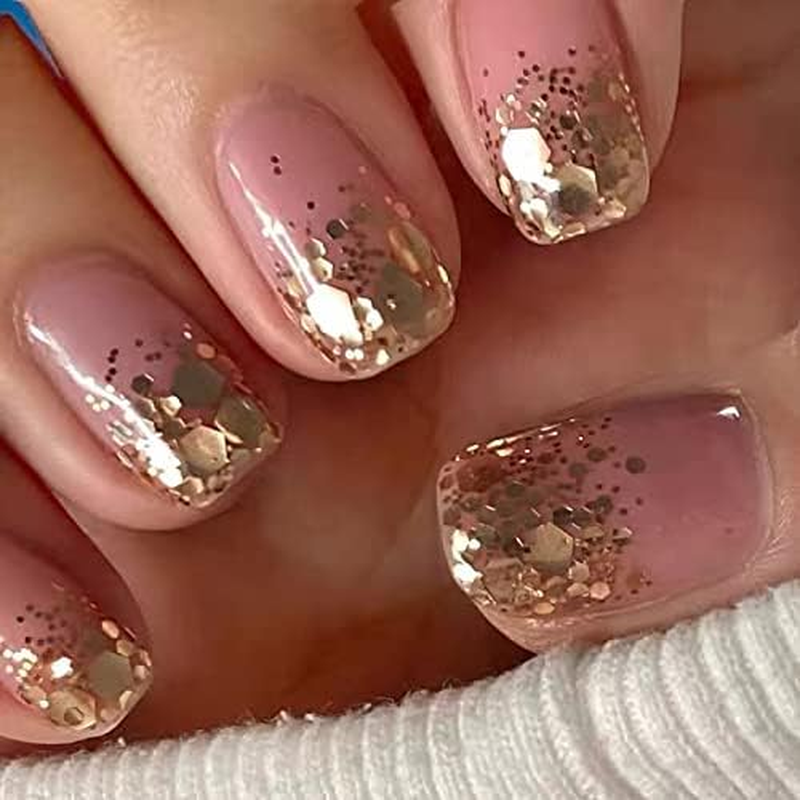 Rikview Press on Nails Short Fake Nails Pink Nails Clear Square Acrylic Nails with Sequins image number 3