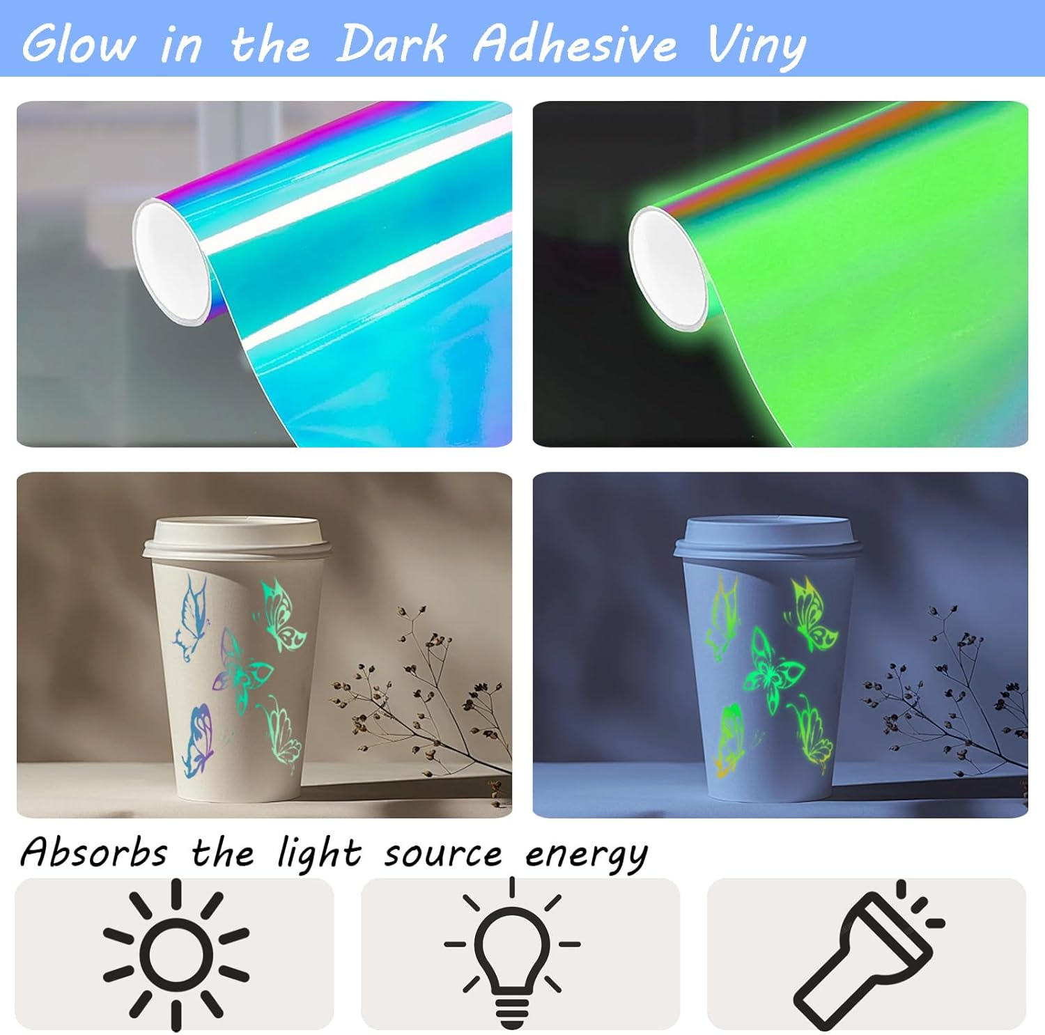 Glow in the Dark Vinyl 12" X 6 Ft Permanent Adhesive Vinyl Holographic Iridescent Vinyl Opal White Glow Green for Wrap, Stickers, Decal, Lettering, DIY Crafts Decor image number 4