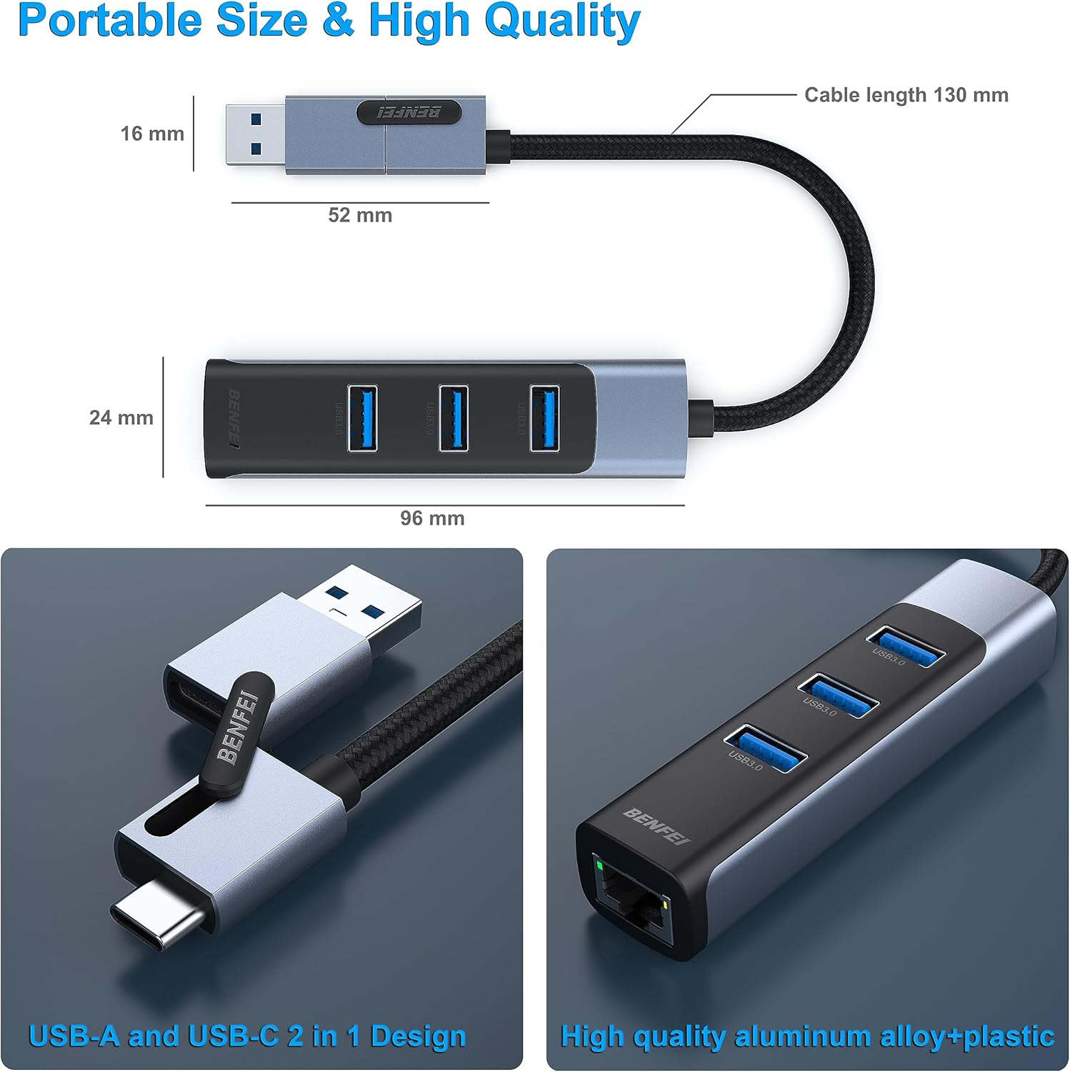 BENFEI 2-In-1 USB-C USB 3.0 to Gigabit Ethernet Adapter, 3-Port USB 3.0 Hub with RJ45 Compatible with Macbook Pro/Air 2023, Ipad Pro, Imac, S23, XPS 17, Surface Book 3 and More image number 5