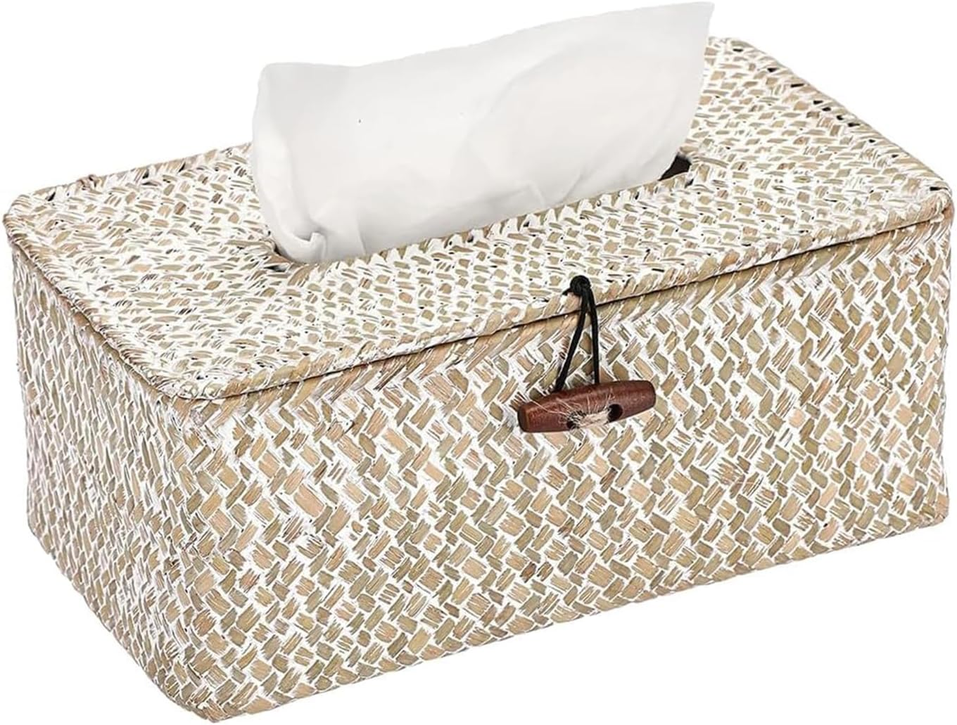 Vintage White Rectangular Seagrass Tissue Box Cover, Country Rustic Style