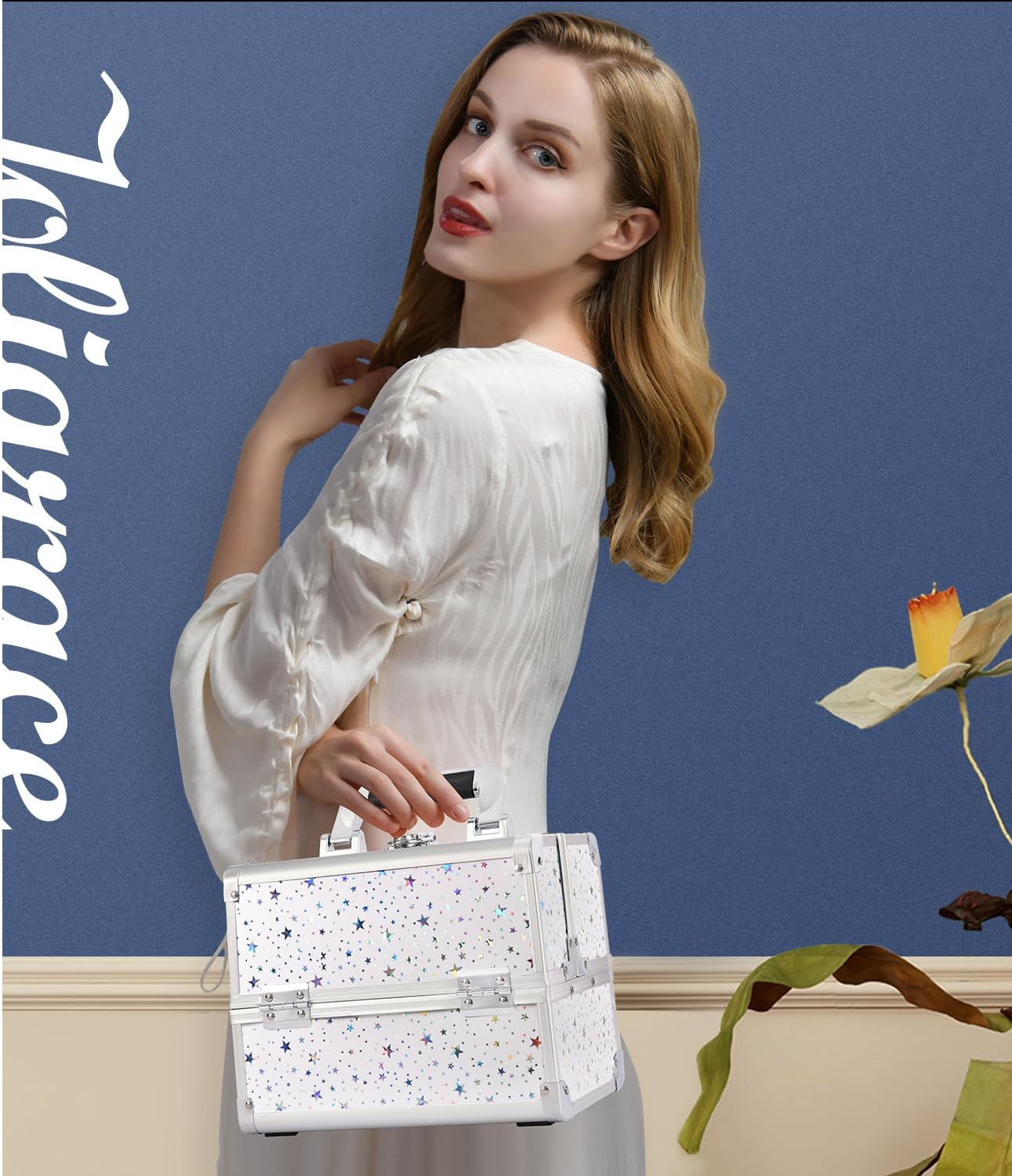 Joligrace Vanity Case Makeup Box Cosmetic Case Beauty Storage Make up Organiser Jewellery Box with Mirror, Lockable with Keys, White Holographic Star, Glamorous