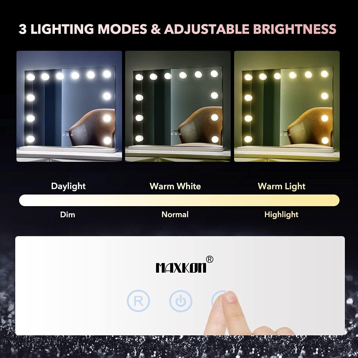 Maxkon Lighted Makeup Mirror Hollywood Mirror Vanity Mirror Tabletop Mirror with 12 LED Lights Smart Touch Control 55X45Cm image number 6