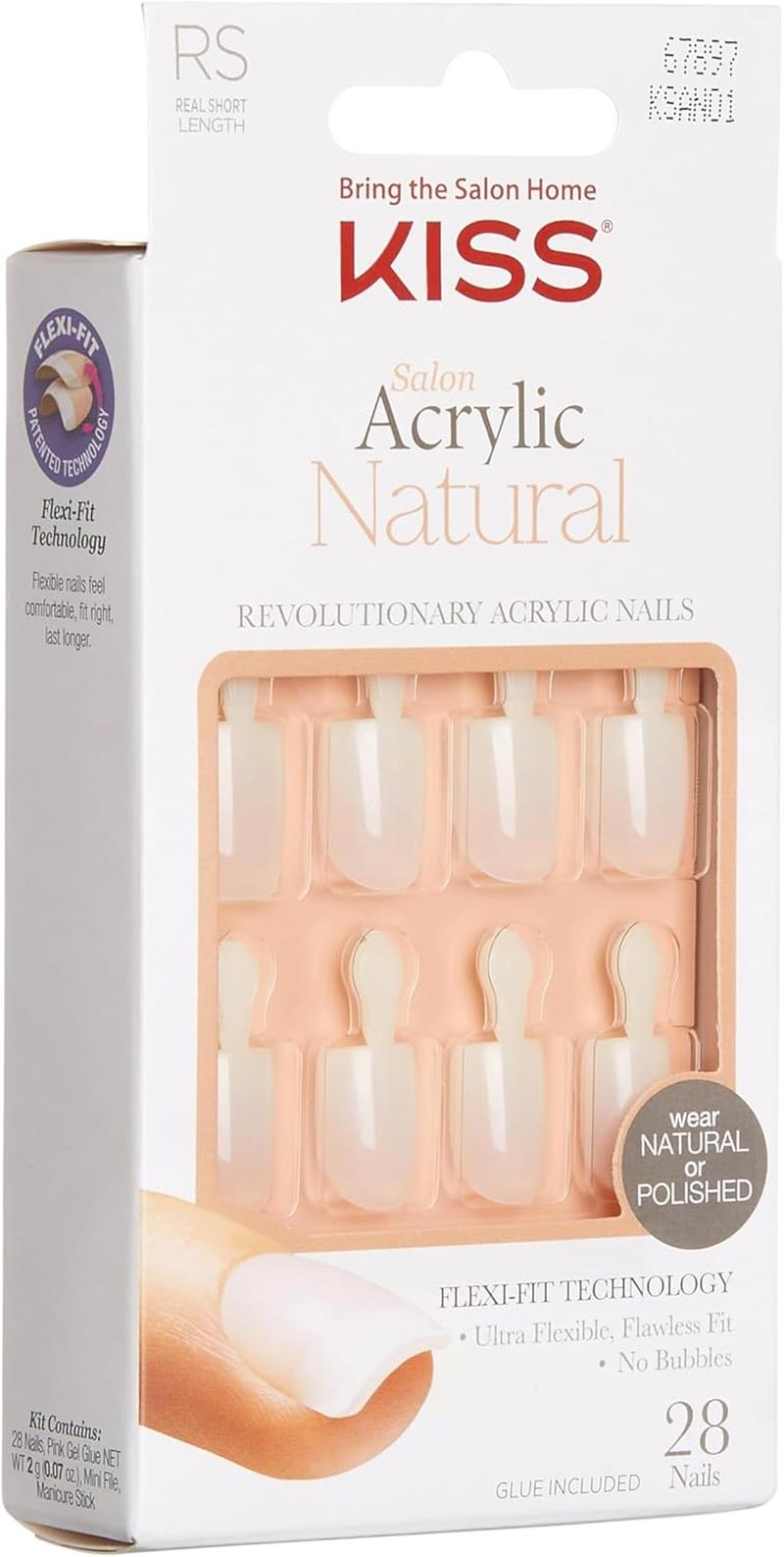 KISS Salon Acrylic Natural Collection, Brief Encounter, Real Short Length Square Fake Nails Includes 28 False Nails, Nail Glue, Nail File, and Manicure Stick image number 2